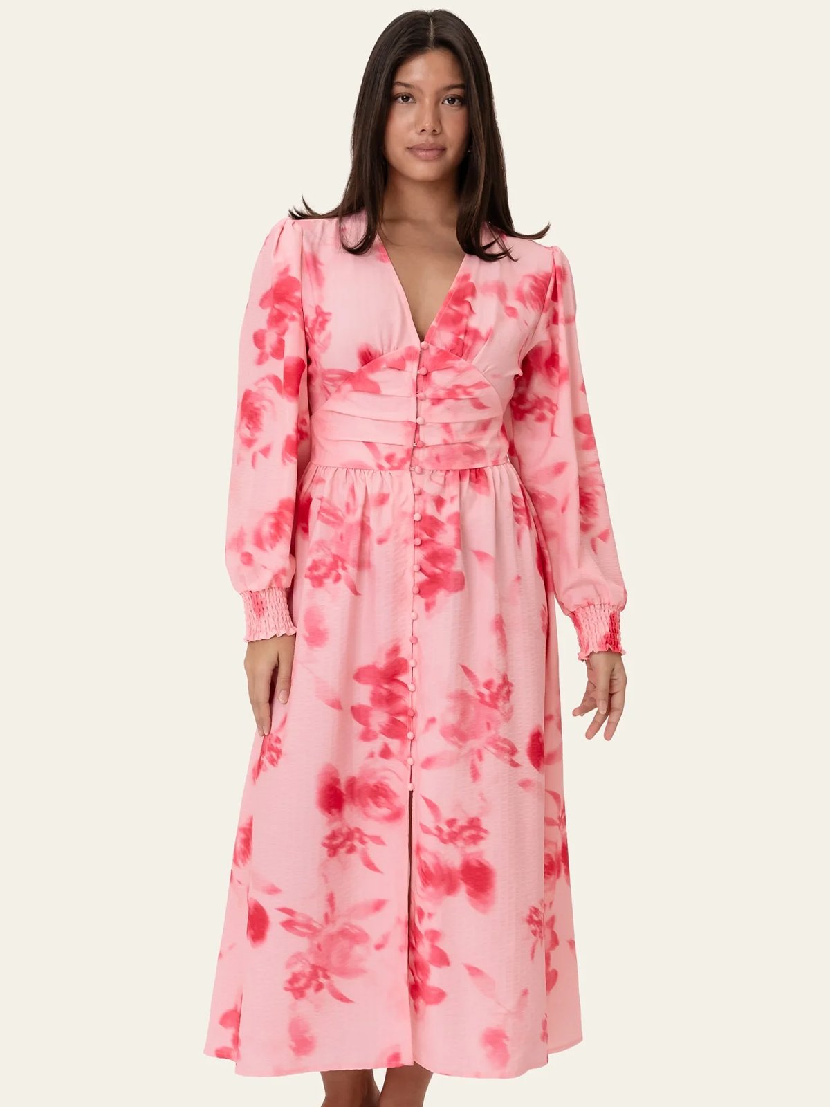 BYIC Adel Long Dress Abstract Pink Flower Print