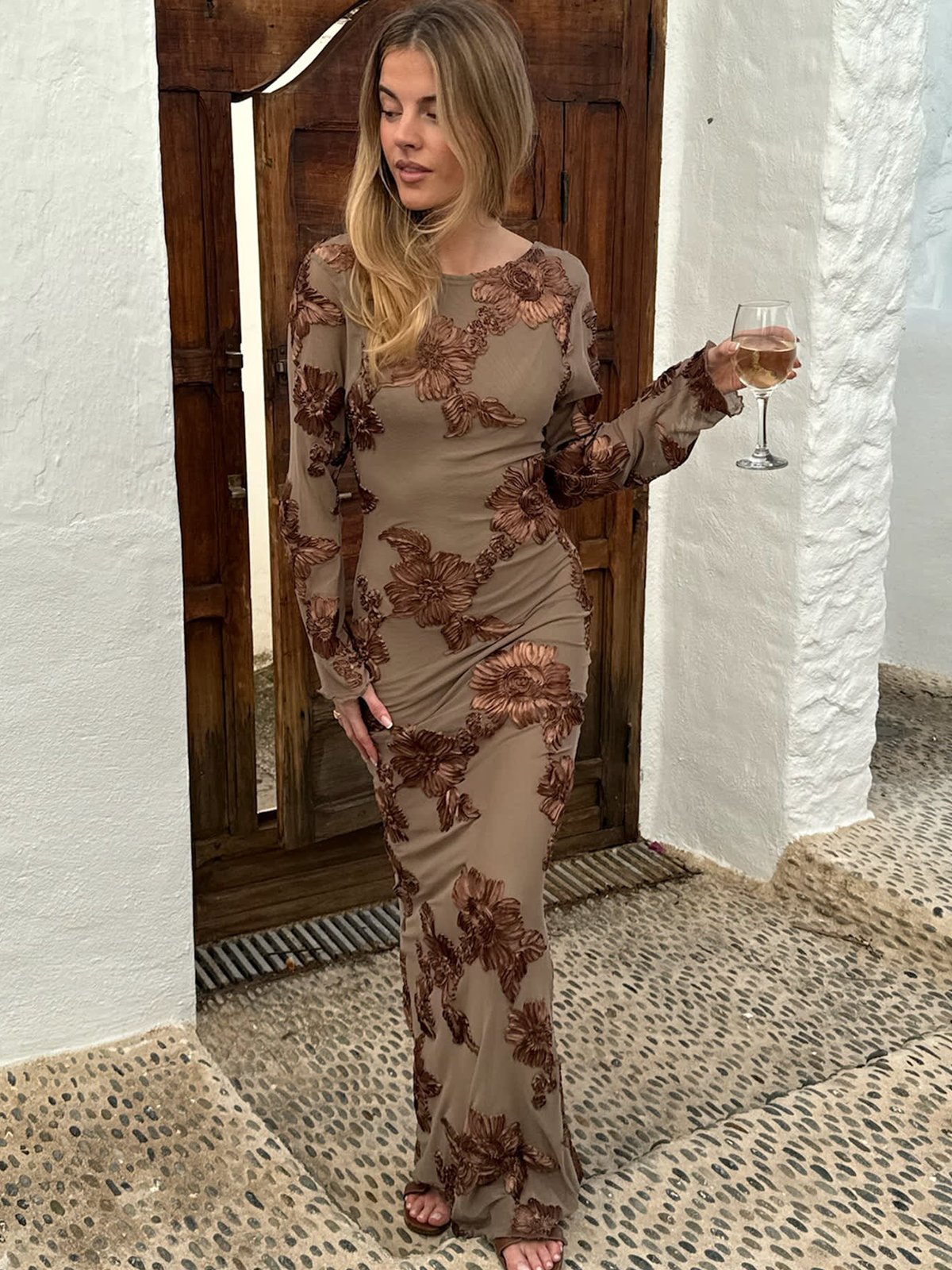 BYIC Floral Mesh Dress Mocca Flower