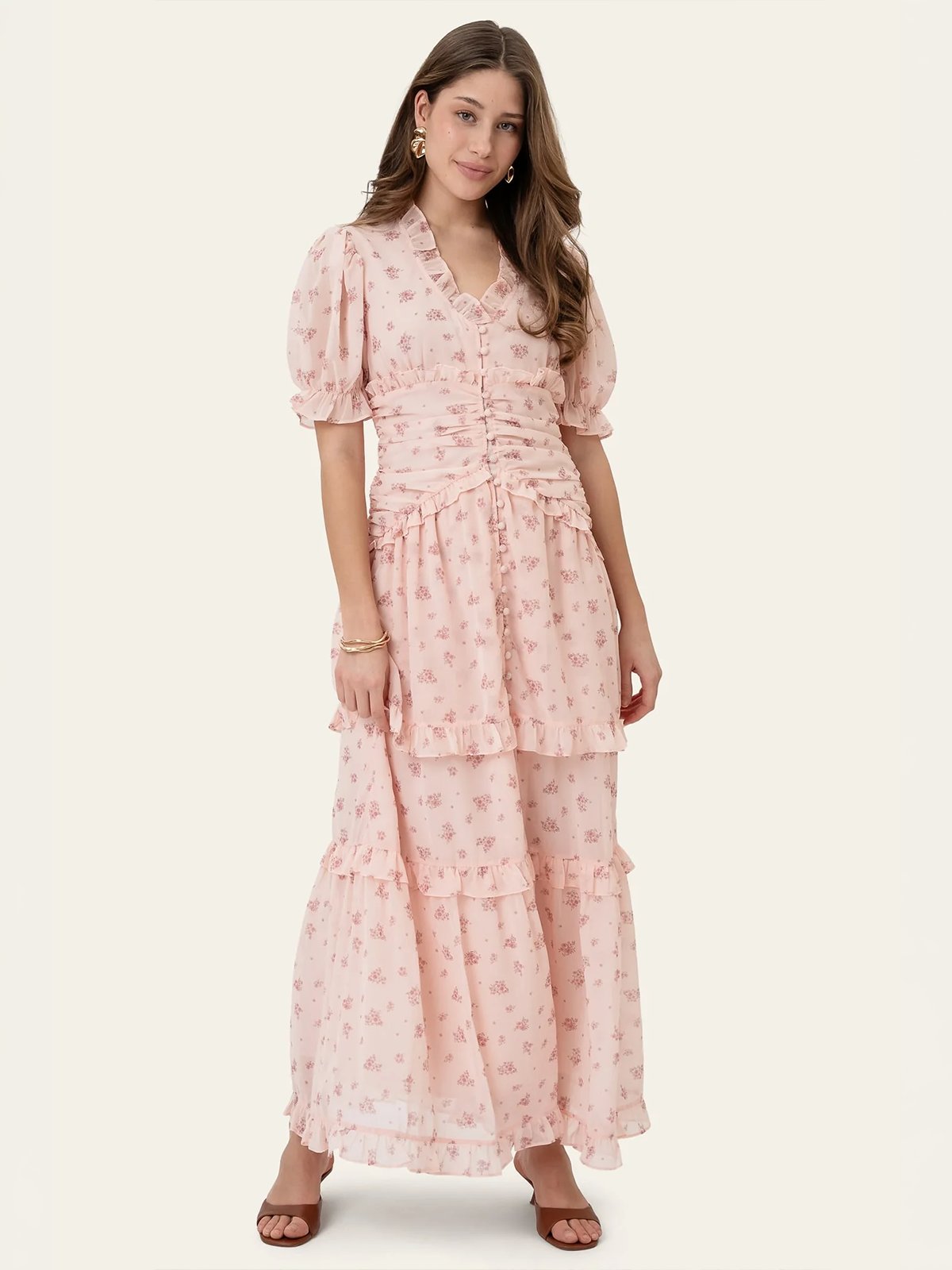 BYIC Ariell Long Dress Pink Flower Print