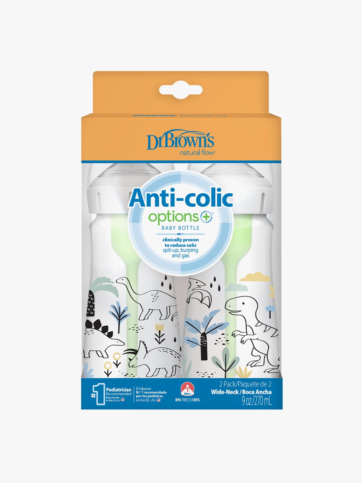 Dr Brown Wideneck 270ml 2-pakk Dinosaur Flerfarget