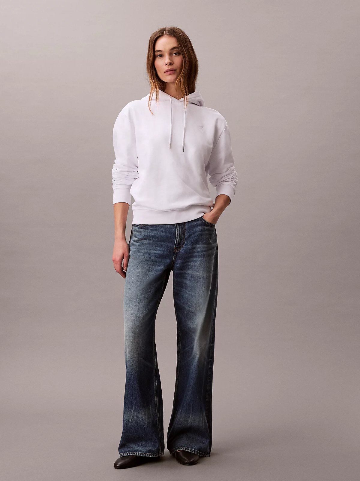 Calvin Klein Long Sleeve Relaxed Mono French Terry Hood Bright White