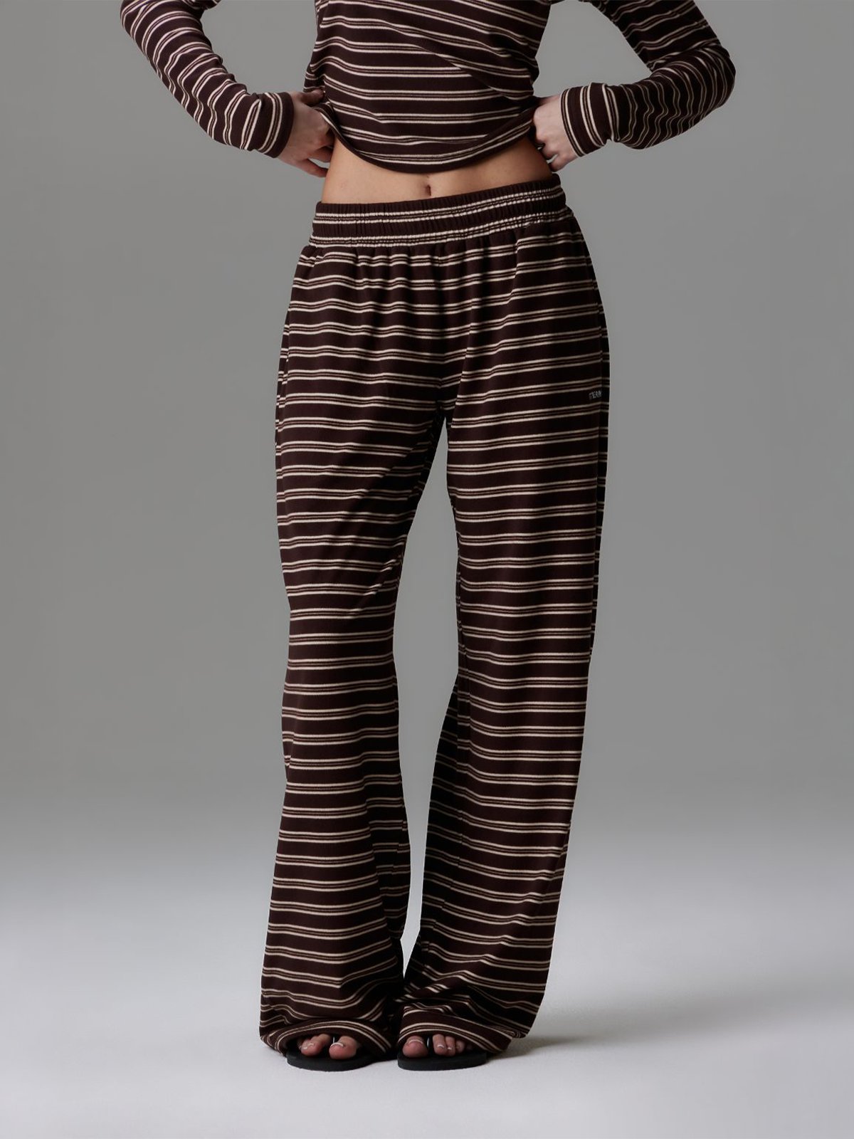 Fitberry Palmer Soft Stripe Wide Leg Pants Brown / Creme
