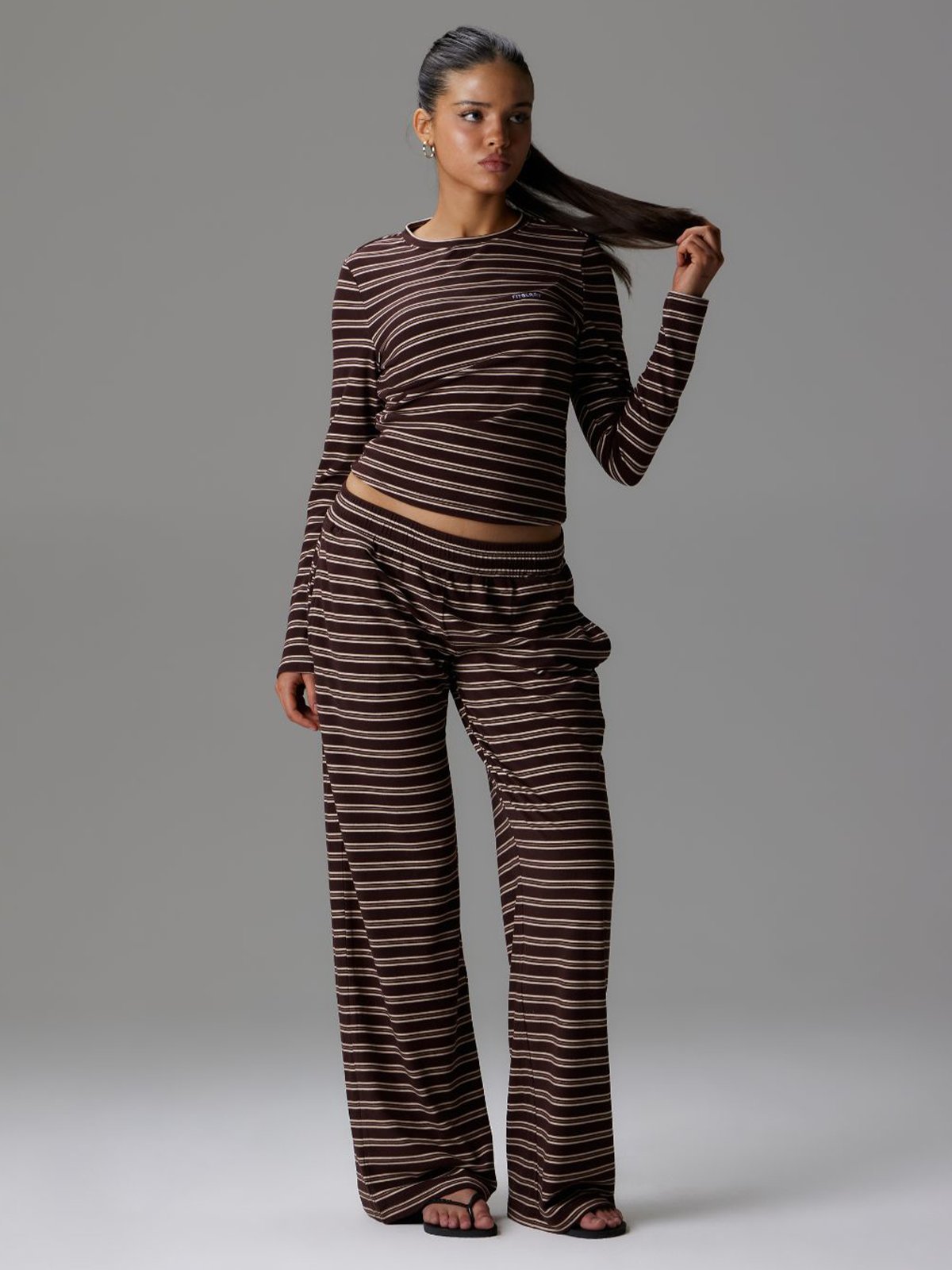 Fitberry Palmer Soft Stripe Wide Leg Pants Brown / Creme