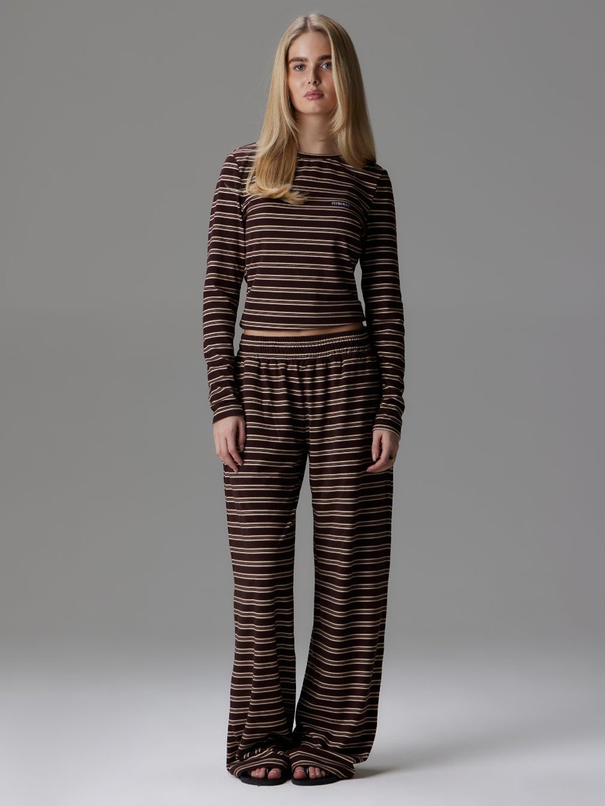 Fitberry Palmer Soft Stripe Wide Leg Pants Brown / Creme