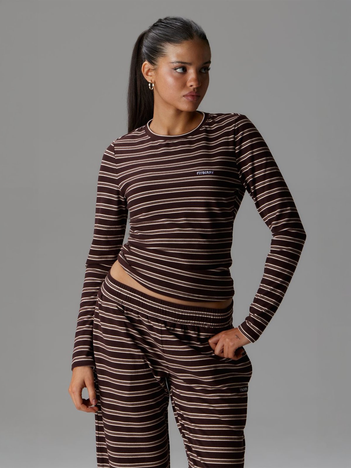 Fitberry Palmer Soft Stripe Top Brown / Creme