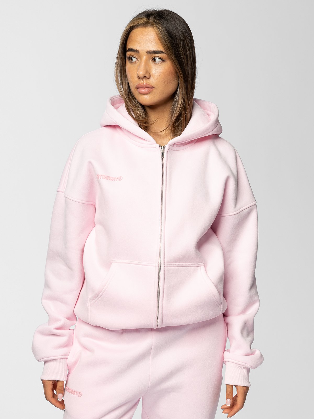 Fitberry Signature Oversized Zip Hoodie Pink