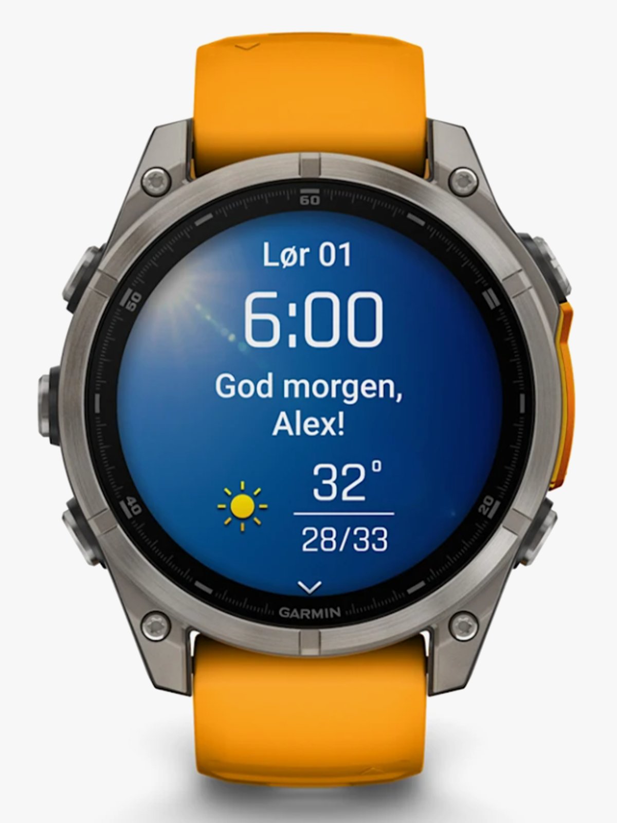 Garmin fenix 8–47 mm, AMOLED Sapphire, Titan med oransje/grafittifarget silikonrem