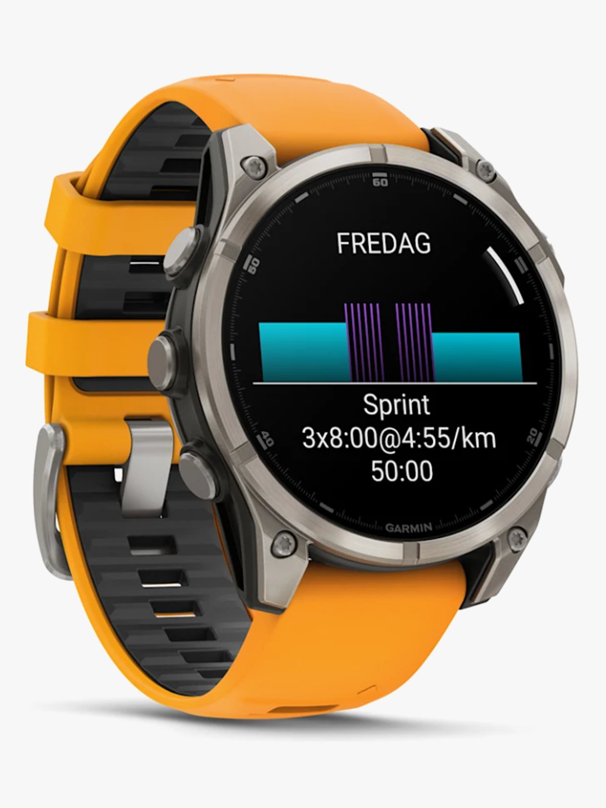 Garmin fenix 8–47 mm, AMOLED Sapphire, Titan med oransje/grafittifarget silikonrem