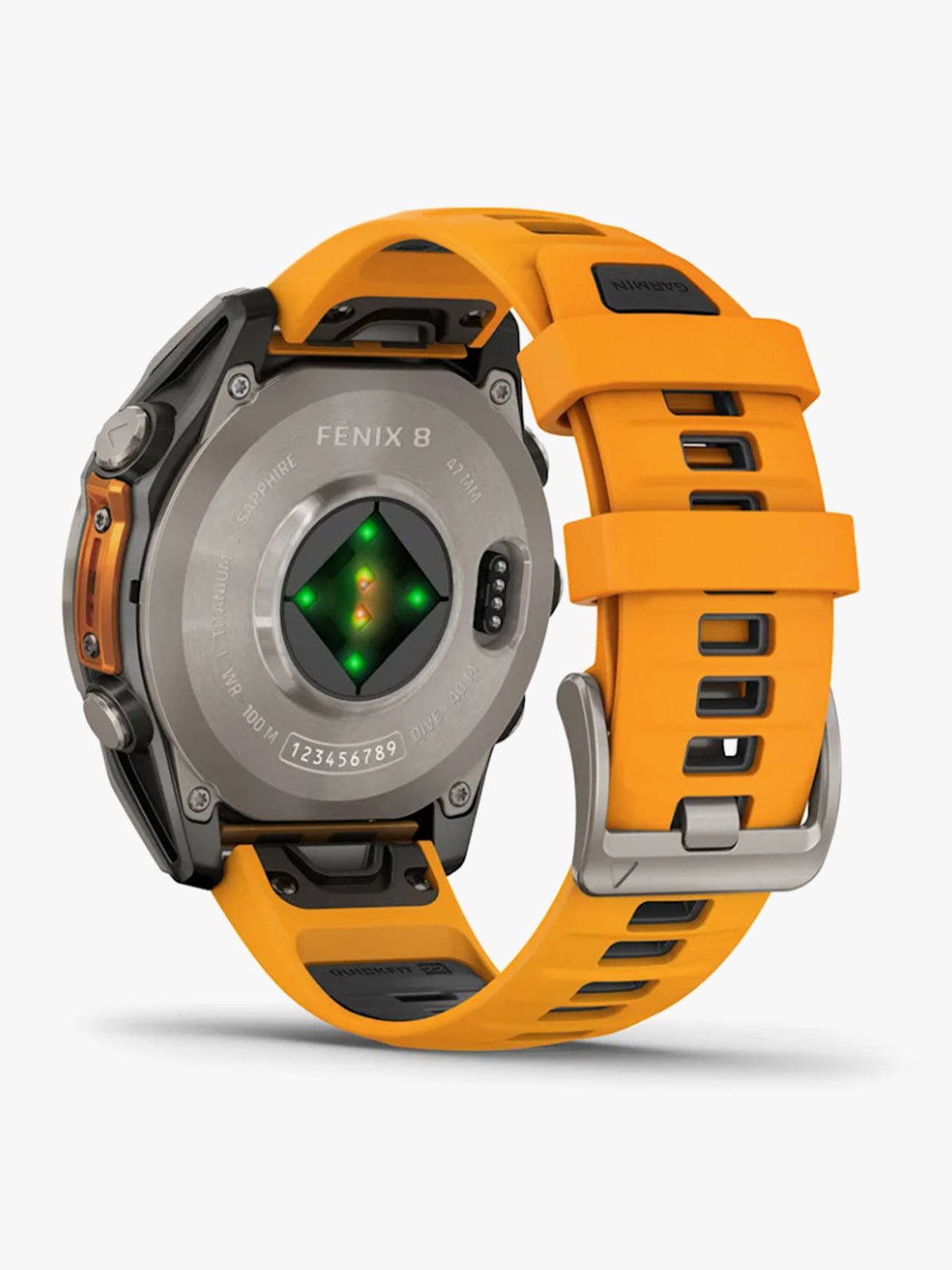 Garmin fenix 8–47 mm, AMOLED Sapphire, Titan med oransje/grafittifarget silikonrem