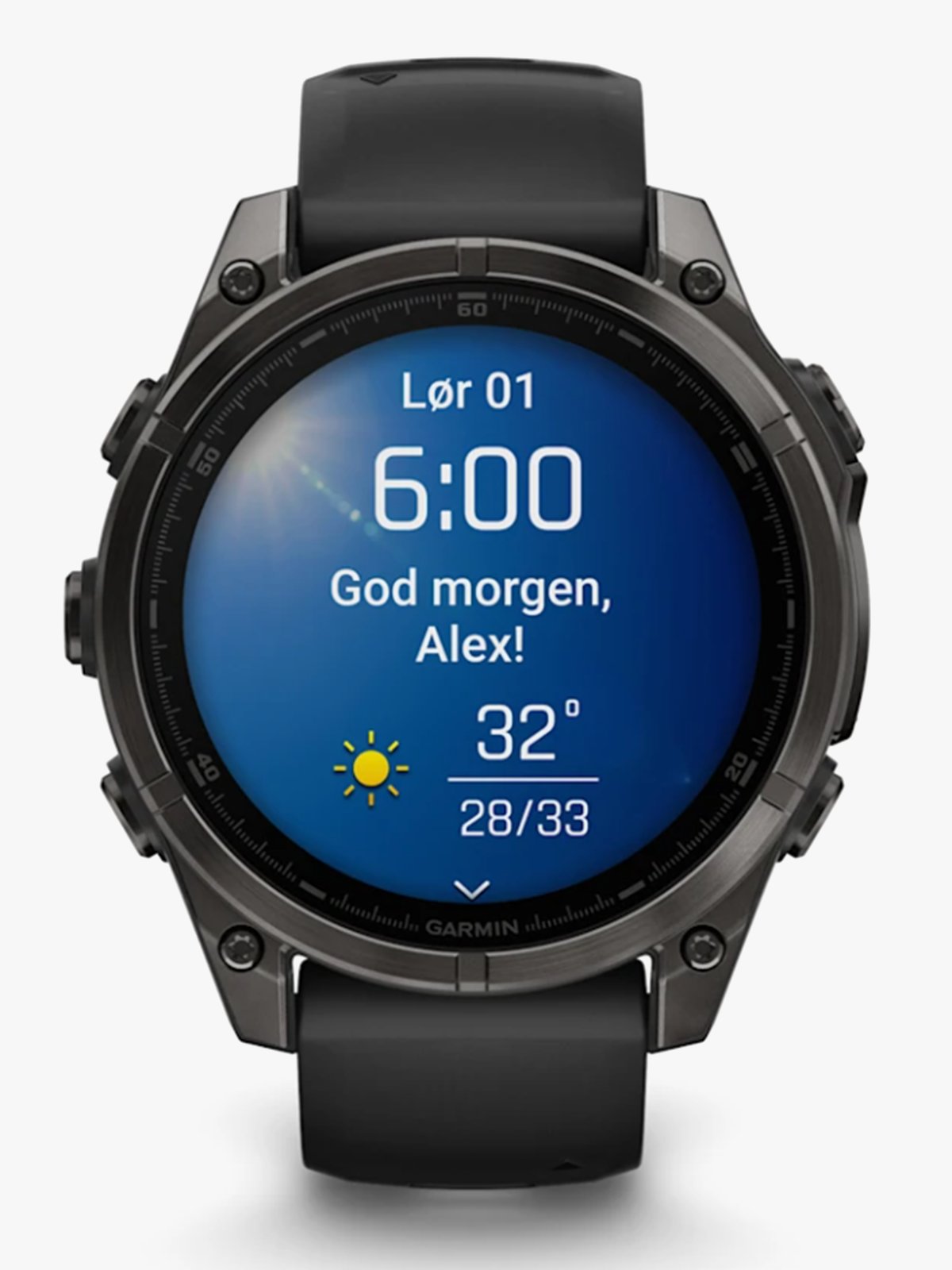 Garmin fenix 8–47 mm, AMOLED Sapphire, Karbongrå DLC-titan med sort/steingrå silikonrem