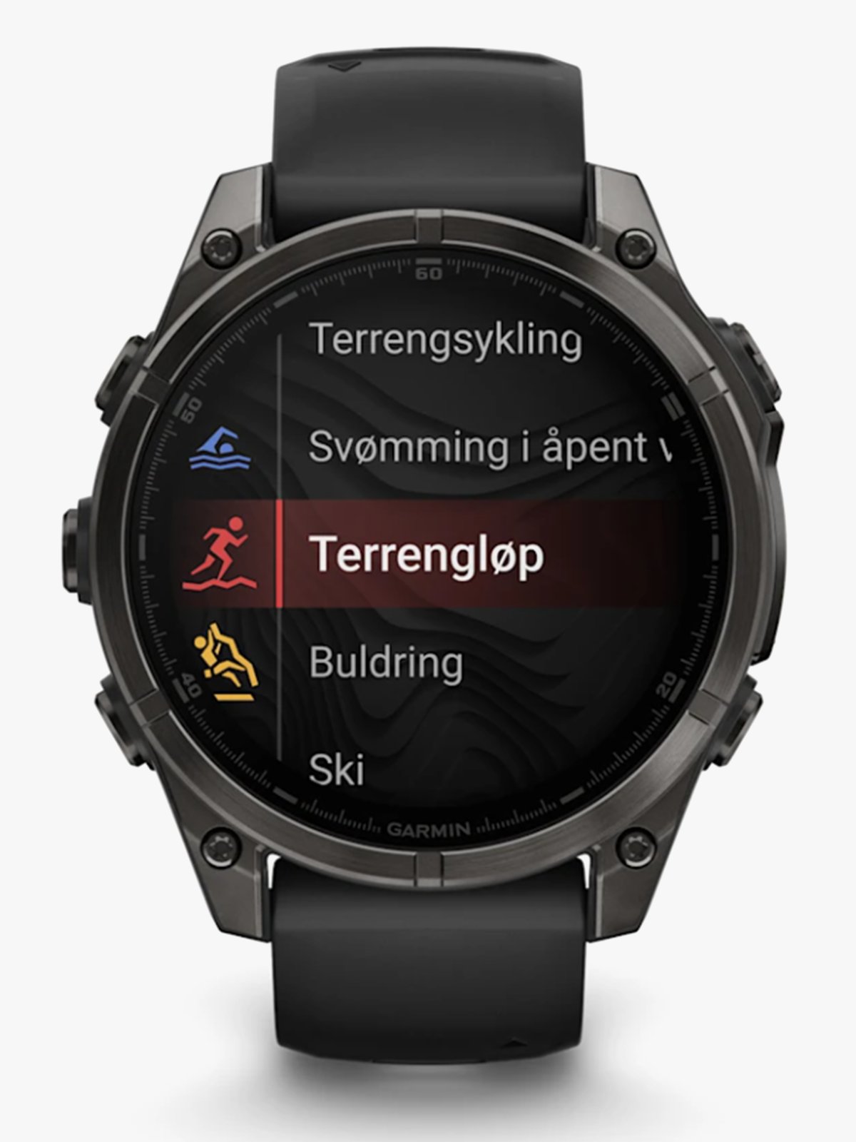 Garmin fenix 8–47 mm, AMOLED Sapphire, Karbongrå DLC-titan med sort/steingrå silikonrem