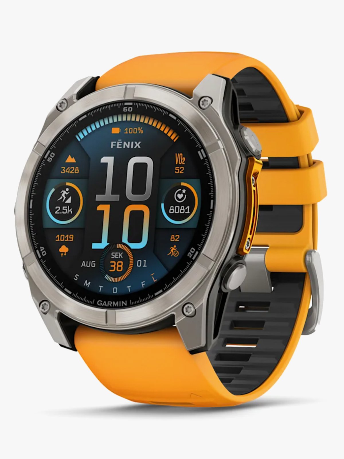 Garmin fenix 8–51 mm, AMOLED Sapphire, Titan med oransje/grafittfarget silikonrem