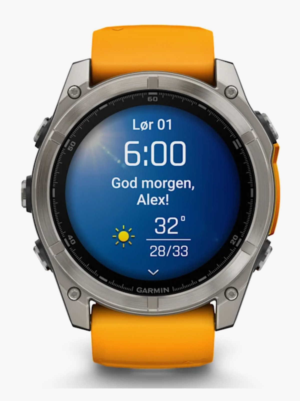 Garmin fenix 8–51 mm, AMOLED Sapphire, Titan med oransje/grafittfarget silikonrem
