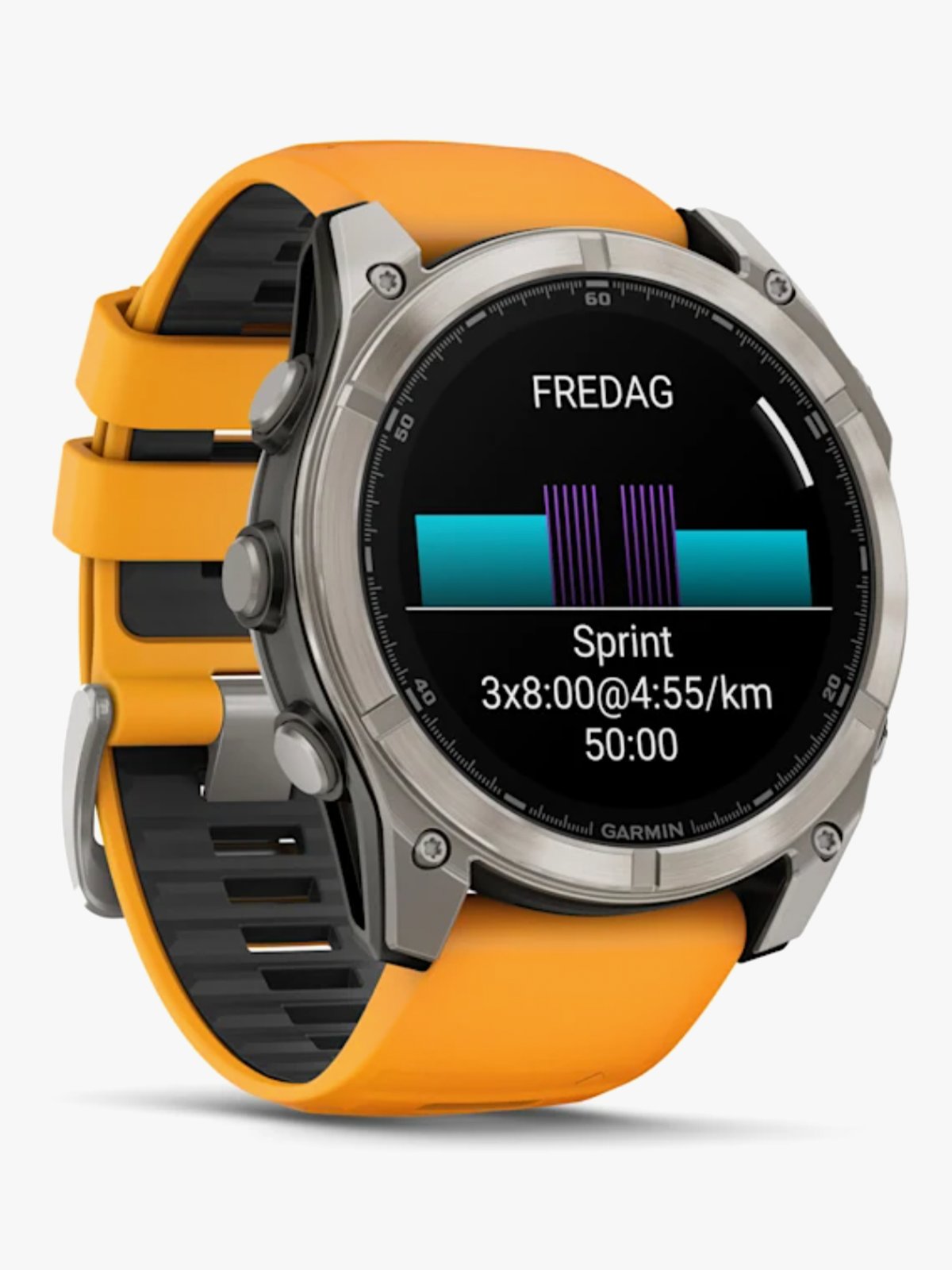 Garmin fenix 8–51 mm, AMOLED Sapphire, Titan med oransje/grafittfarget silikonrem