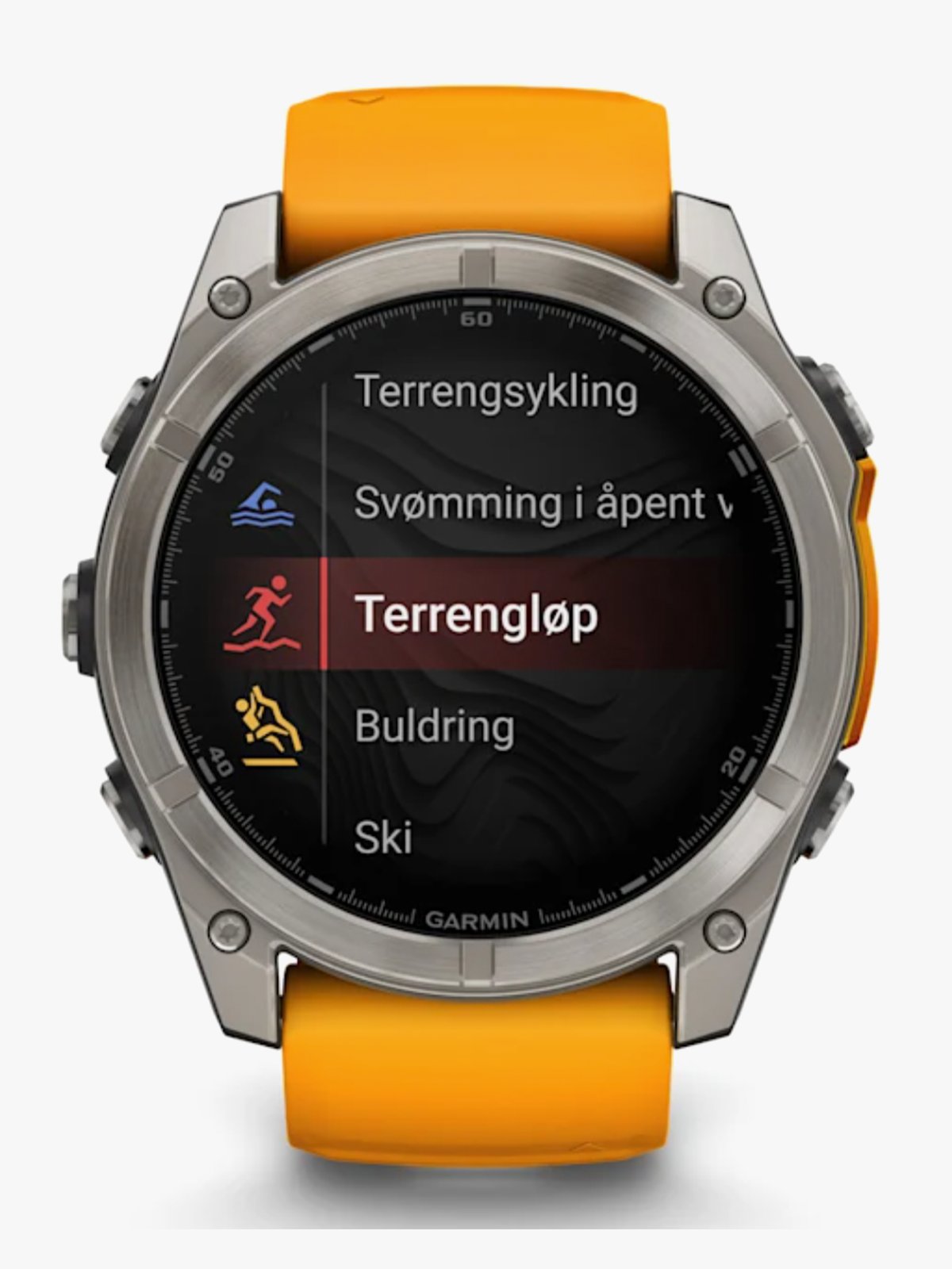 Garmin fenix 8–51 mm, AMOLED Sapphire, Titan med oransje/grafittfarget silikonrem