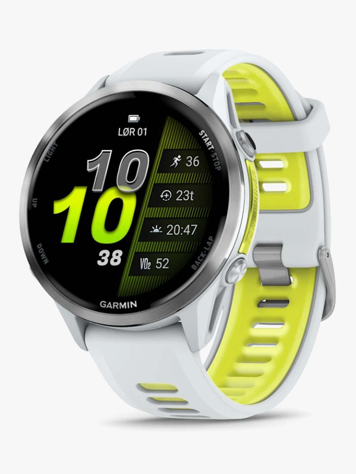 Garmin Forerunner 970 Titan med granulittfraget etui og granulittfarget/gjennomsiktig gul rem