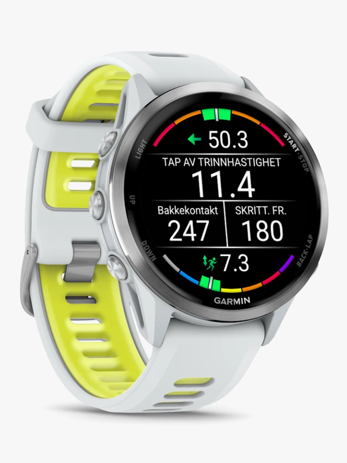 Garmin Forerunner 970 Titan med granulittfraget etui og granulittfarget/gjennomsiktig gul rem