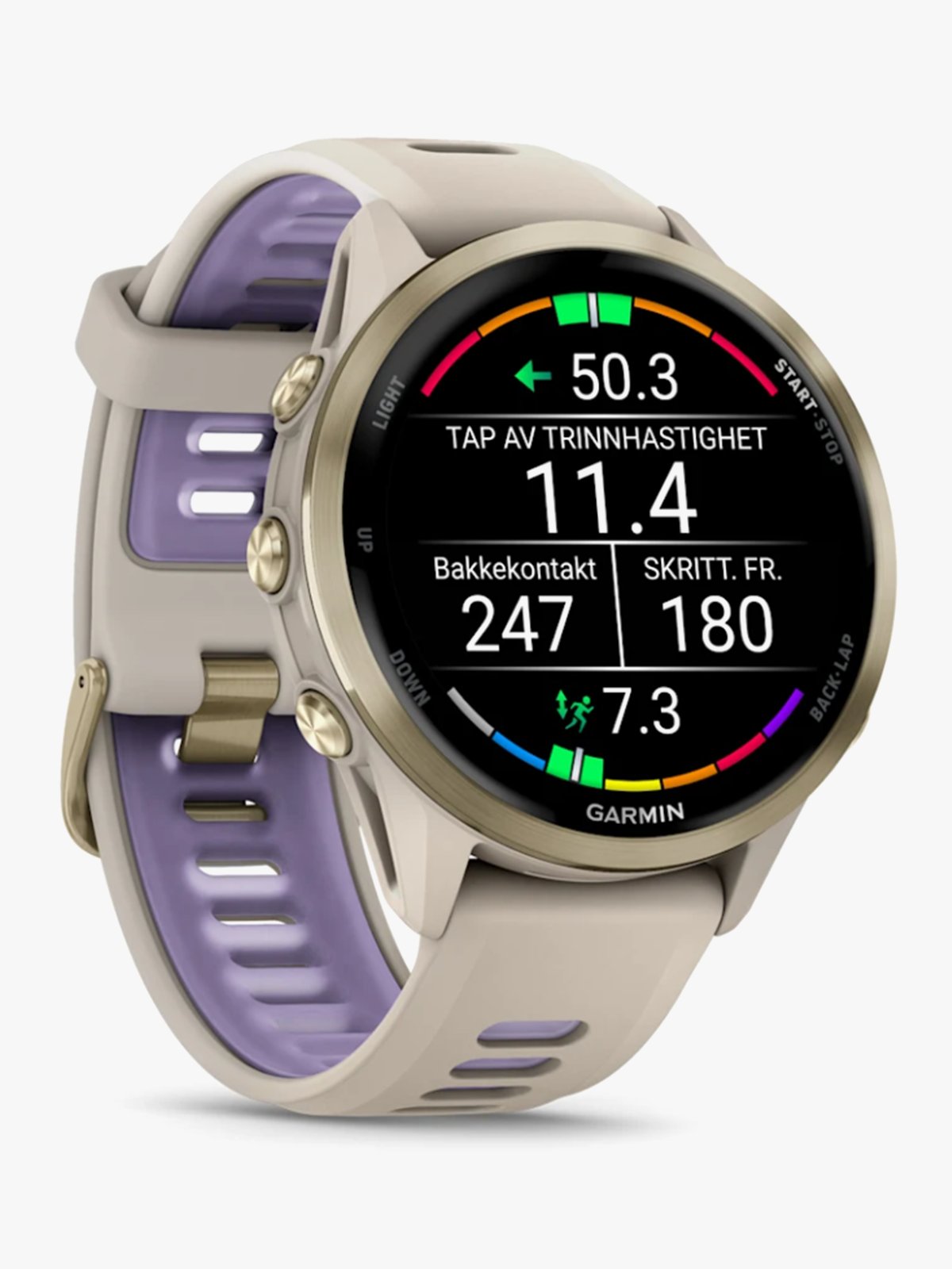 Garmin Forerunner 970 Gullfarget titan med fransk grått etui og fransk grå/gjennomsiktig indigo rem