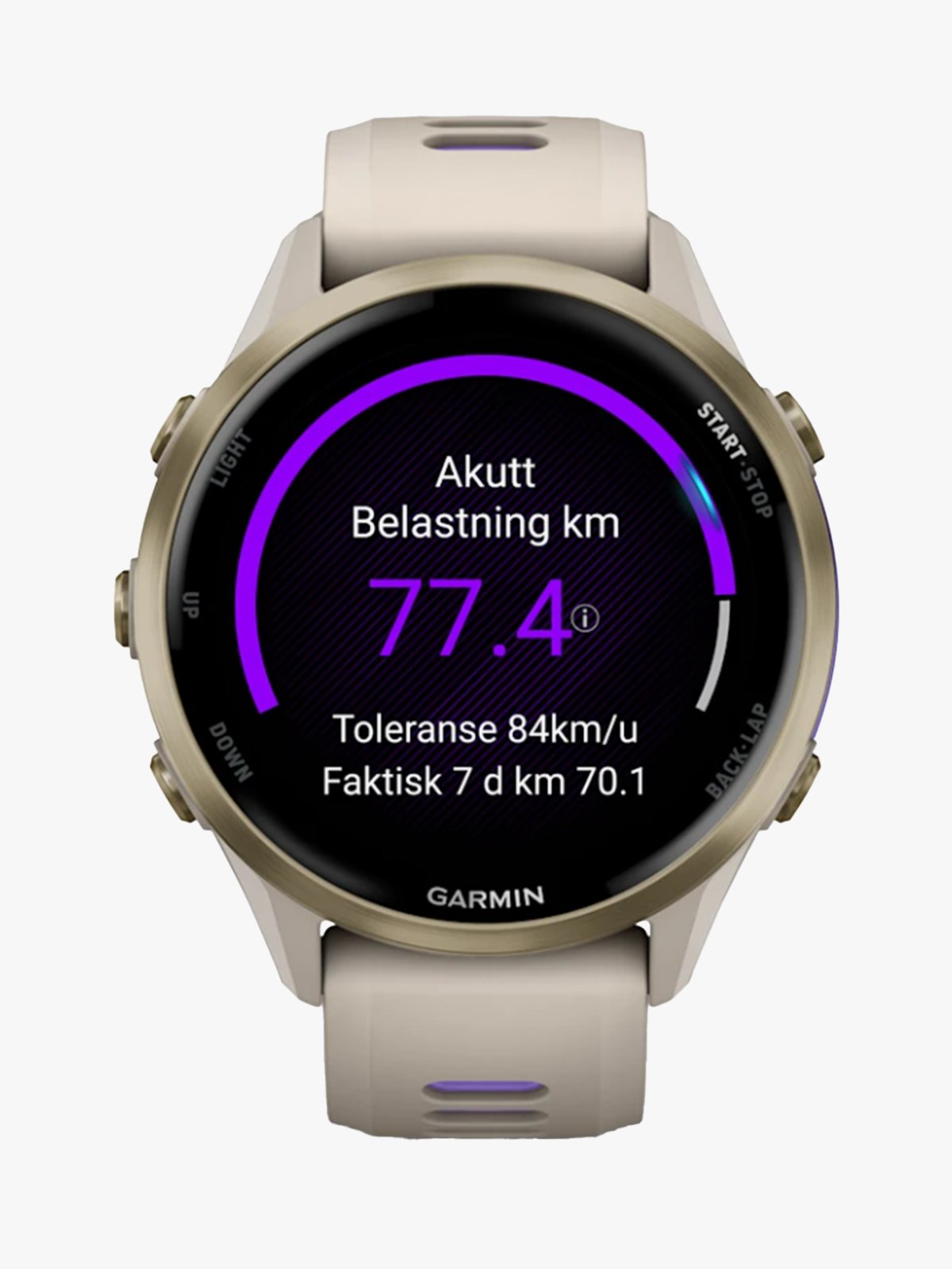 Garmin Forerunner 970 Gullfarget titan med fransk grått etui og fransk grå/gjennomsiktig indigo rem