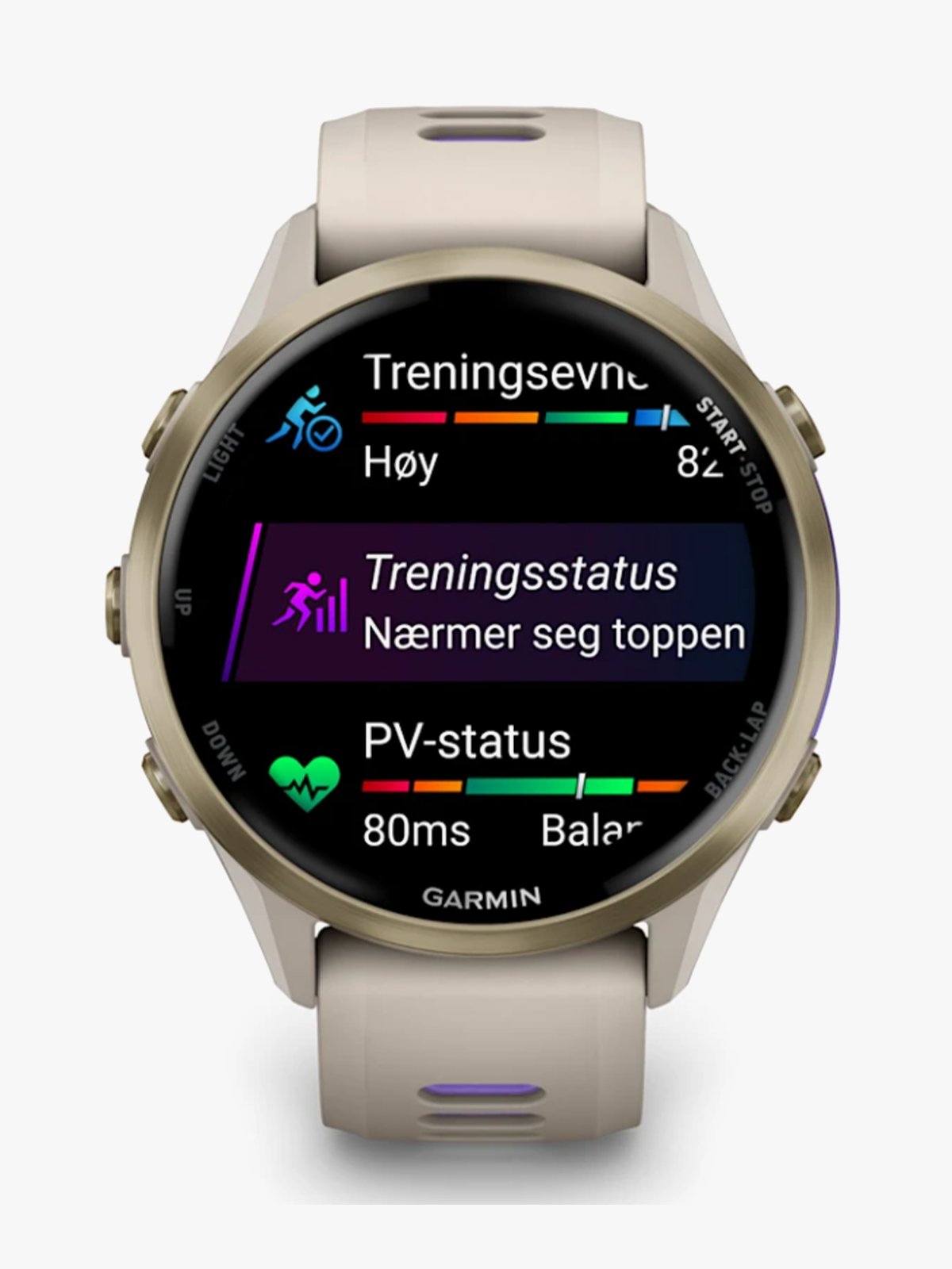 Garmin Forerunner 970 Gullfarget titan med fransk grått etui og fransk grå/gjennomsiktig indigo rem