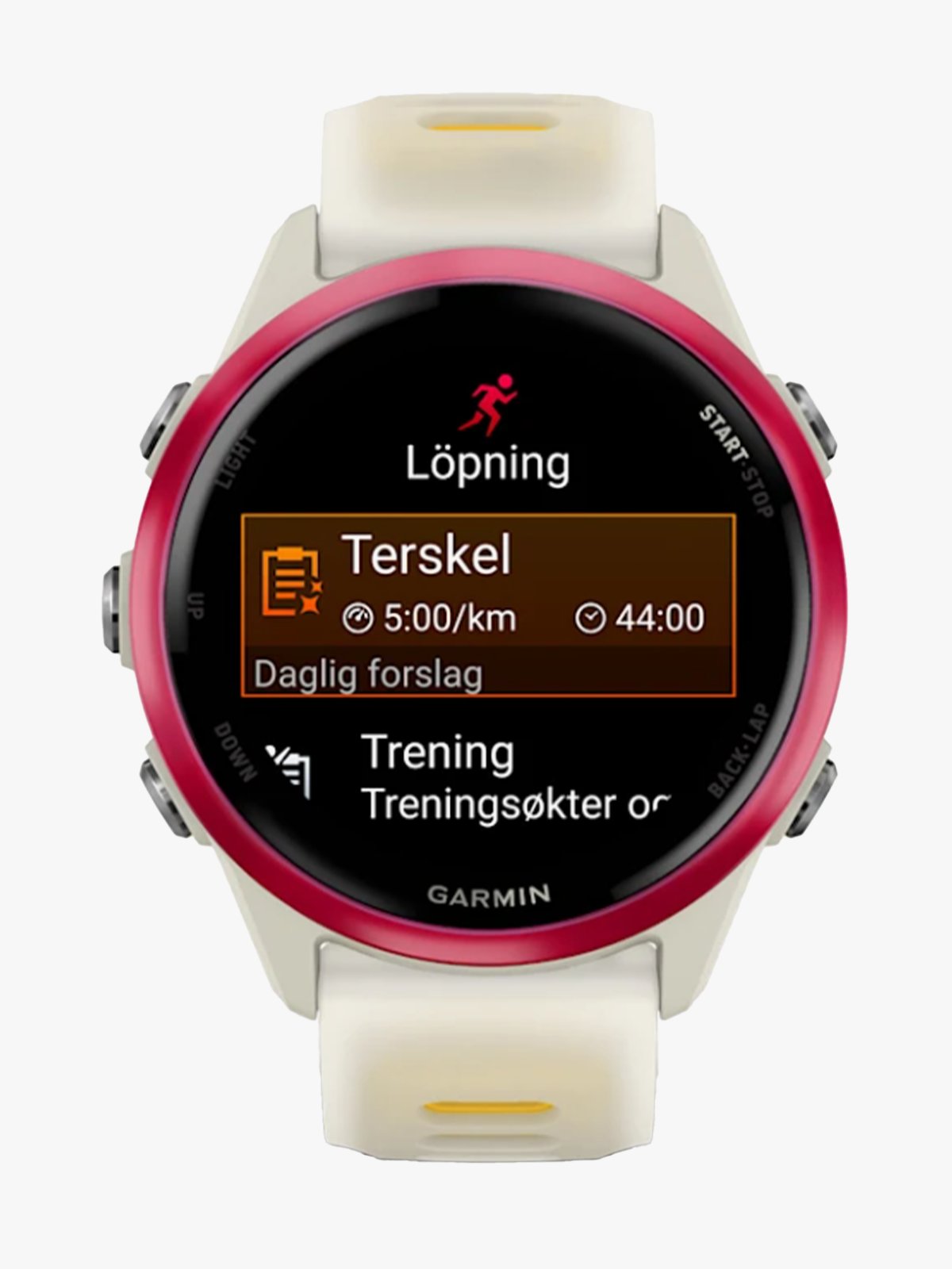 Garmin Forerunner 570 - 42mm Bringebærfarget aluminium med gjennomsiktig benfarget/mangofarget rem