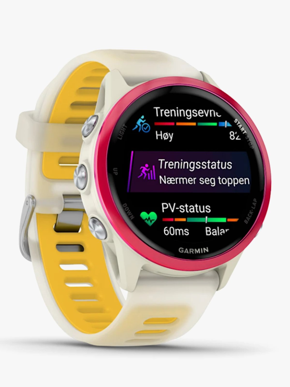 Garmin Forerunner 570 - 42mm Bringebærfarget aluminium med gjennomsiktig benfarget/mangofarget rem