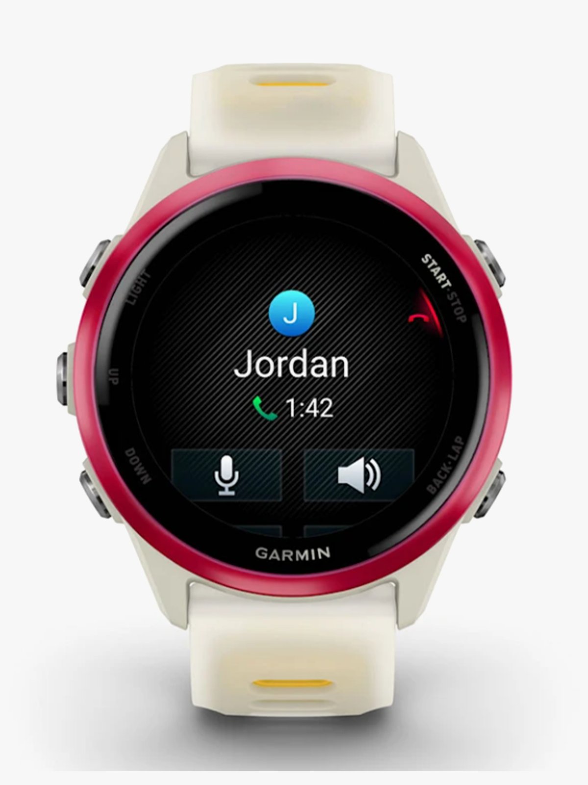 Garmin Forerunner 570 - 42mm Bringebærfarget aluminium med gjennomsiktig benfarget/mangofarget rem