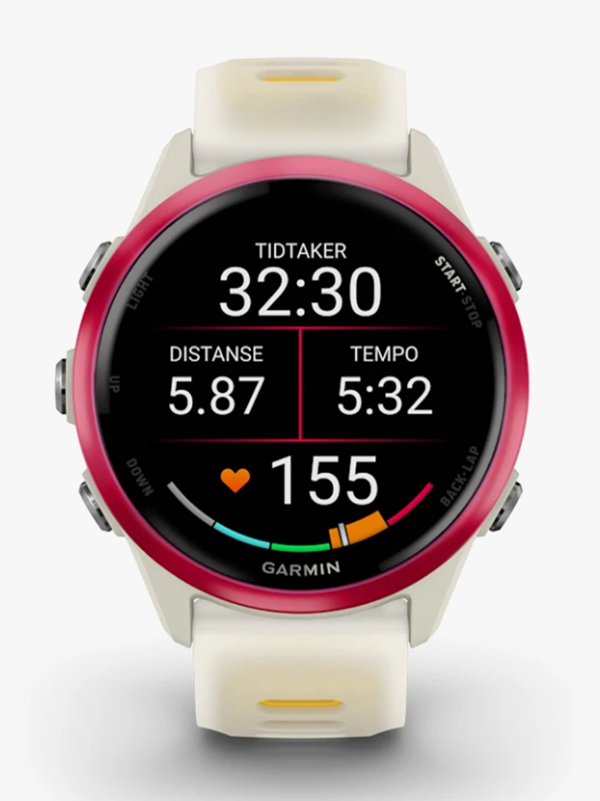 Garmin Forerunner 570 - 42mm Bringebærfarget aluminium med gjennomsiktig benfarget/mangofarget rem