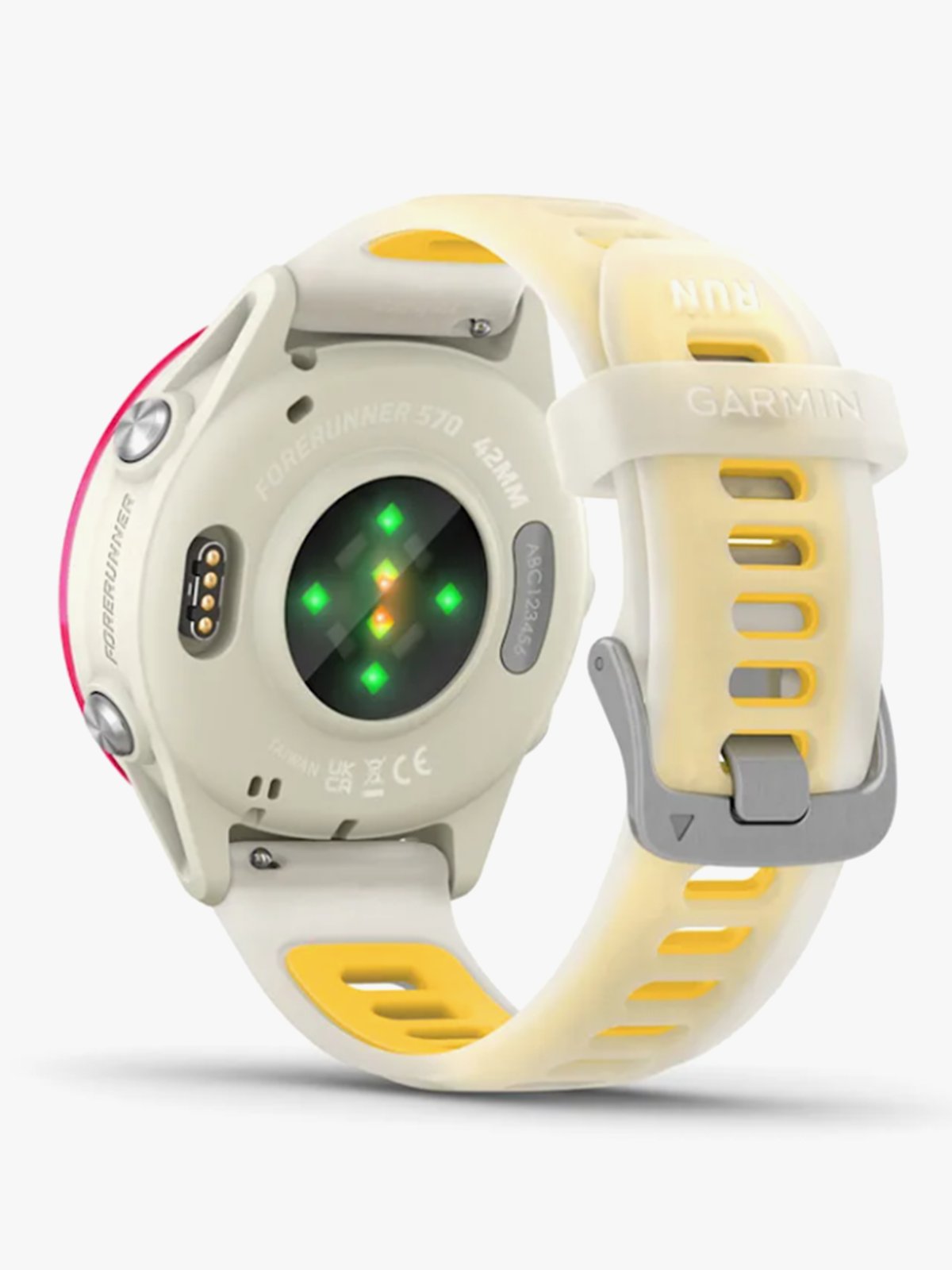 Garmin Forerunner 570 - 42mm Bringebærfarget aluminium med gjennomsiktig benfarget/mangofarget rem