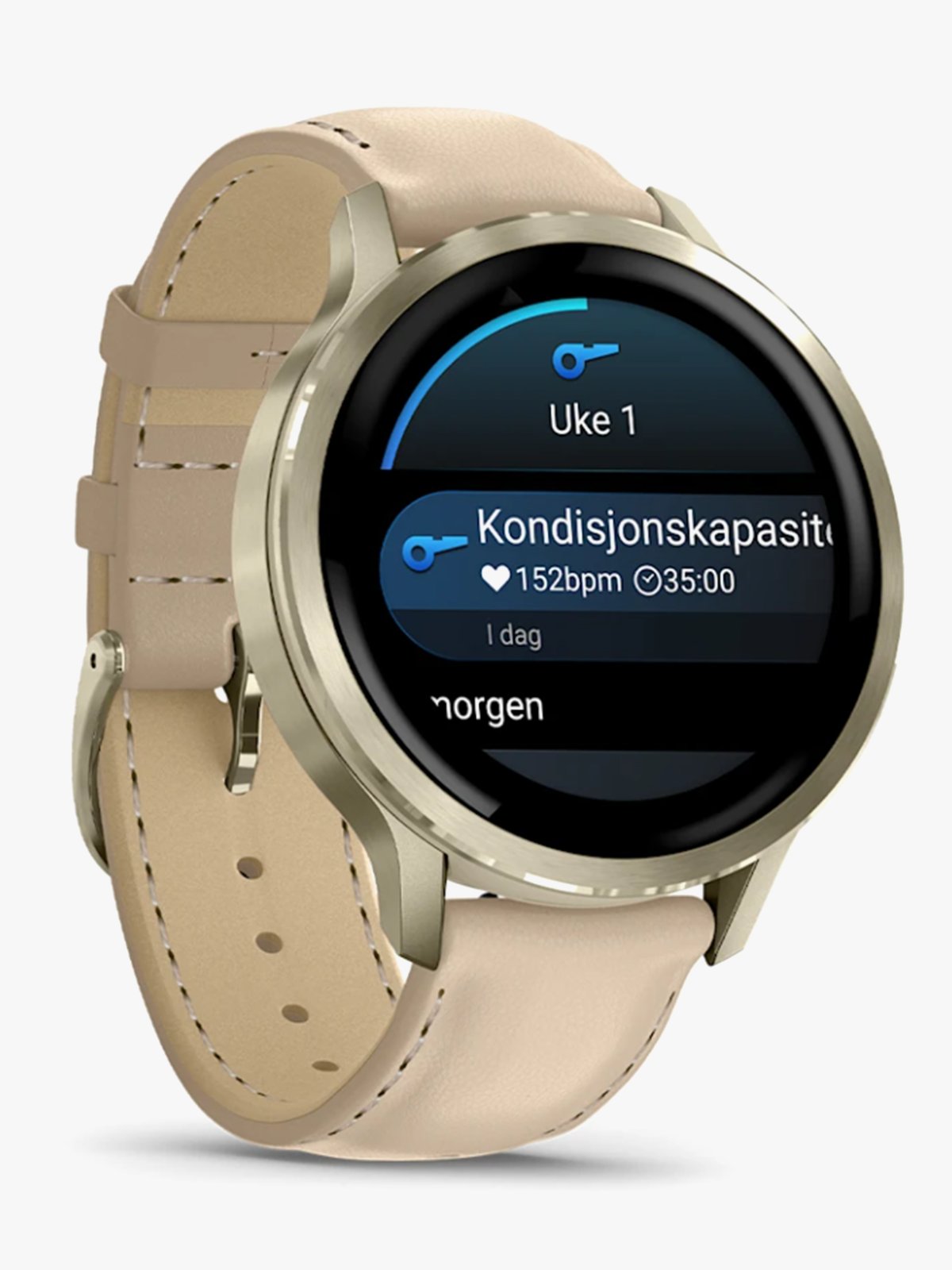 Garmin Venu 4 – 41 mm Lunar Gold med Bone-silikonrem og lys sandfarget skinnrem