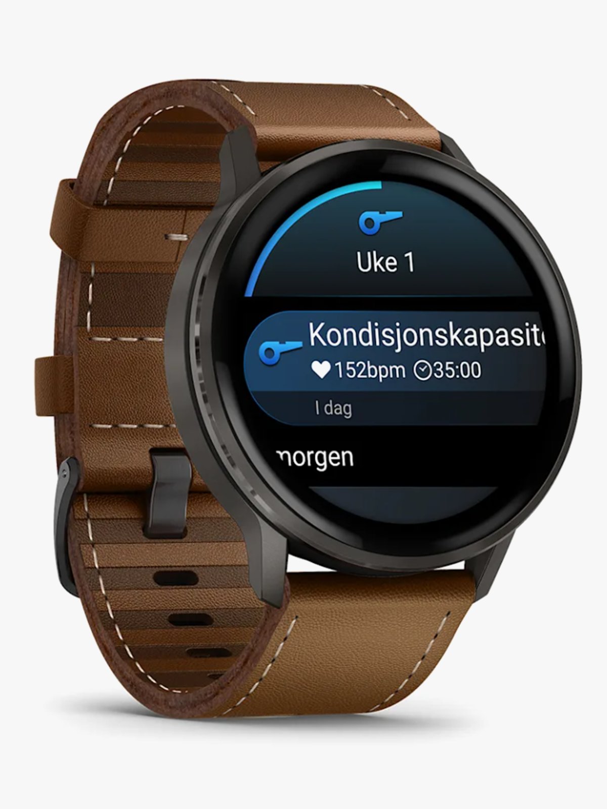 Garmin Venu 4 – 45 mm Skifergrå med sort silikonrem og brun skinnrem