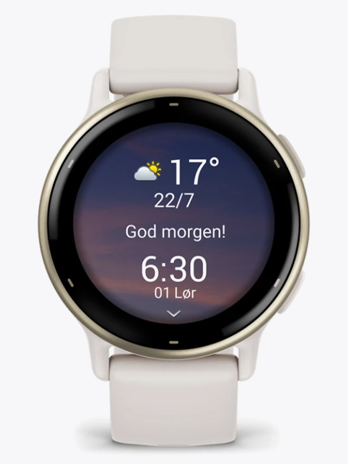 Garmin Vivoactive 5 Aluminiumsramme i fargen Cream Gold med elfenbensfarget urkasse og silikonrem