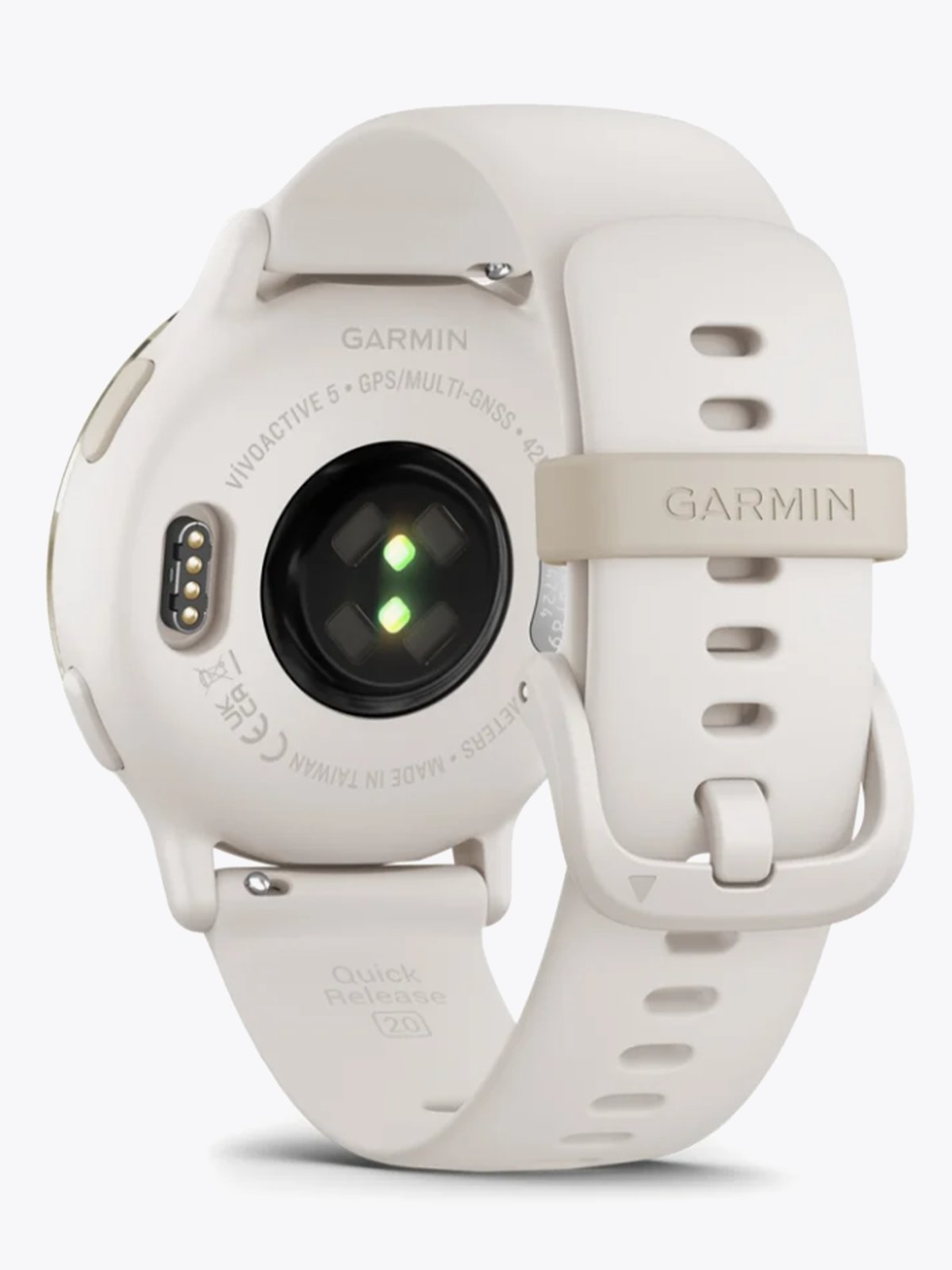 Garmin Vivoactive 5 Aluminiumsramme i fargen Cream Gold med elfenbensfarget urkasse og silikonrem