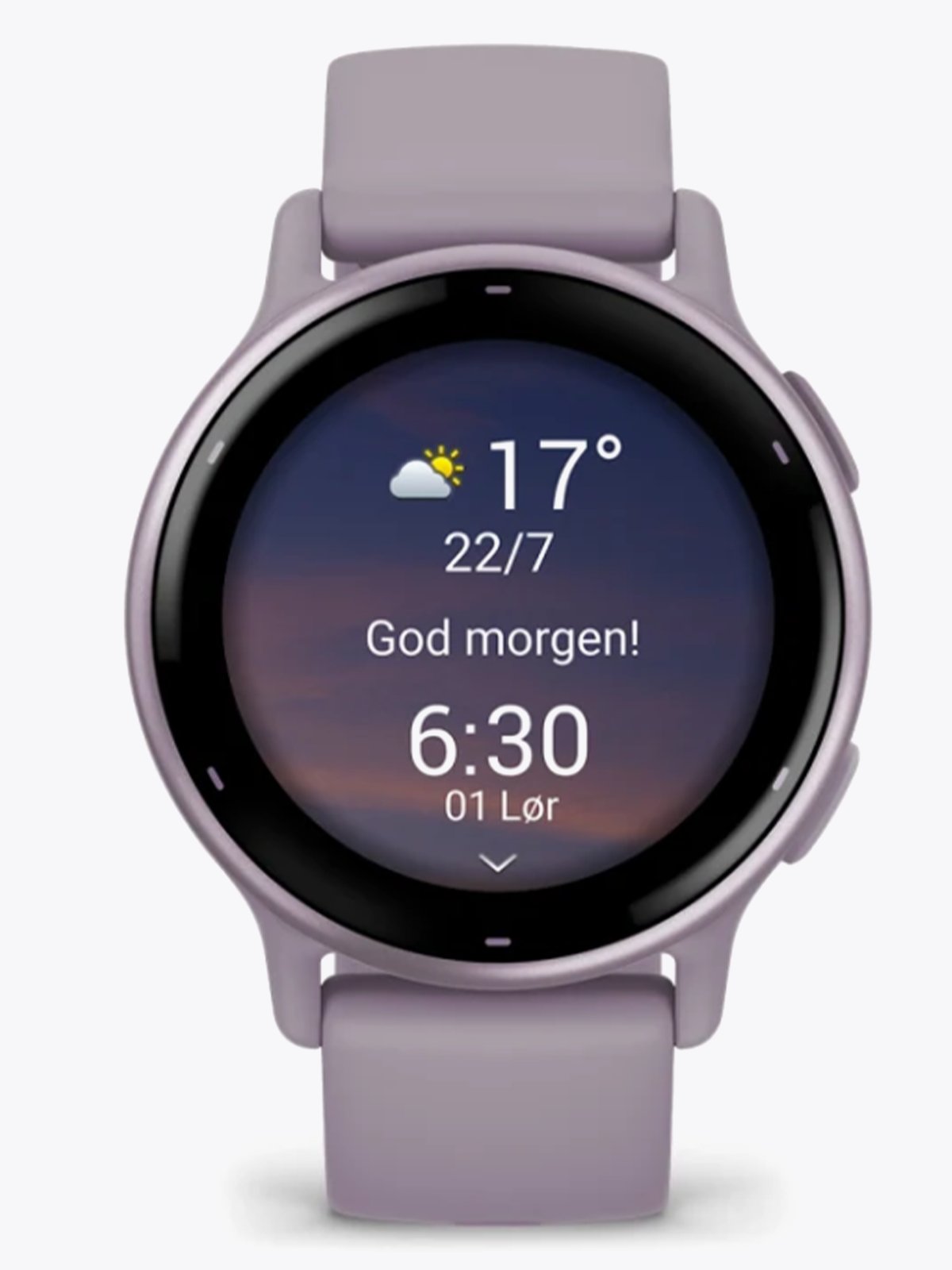Garmin Vivoactive 5 Aluminiumsramme: Metallisk Orkidefarget / Urkasse og silikonrem: Orkidefarget