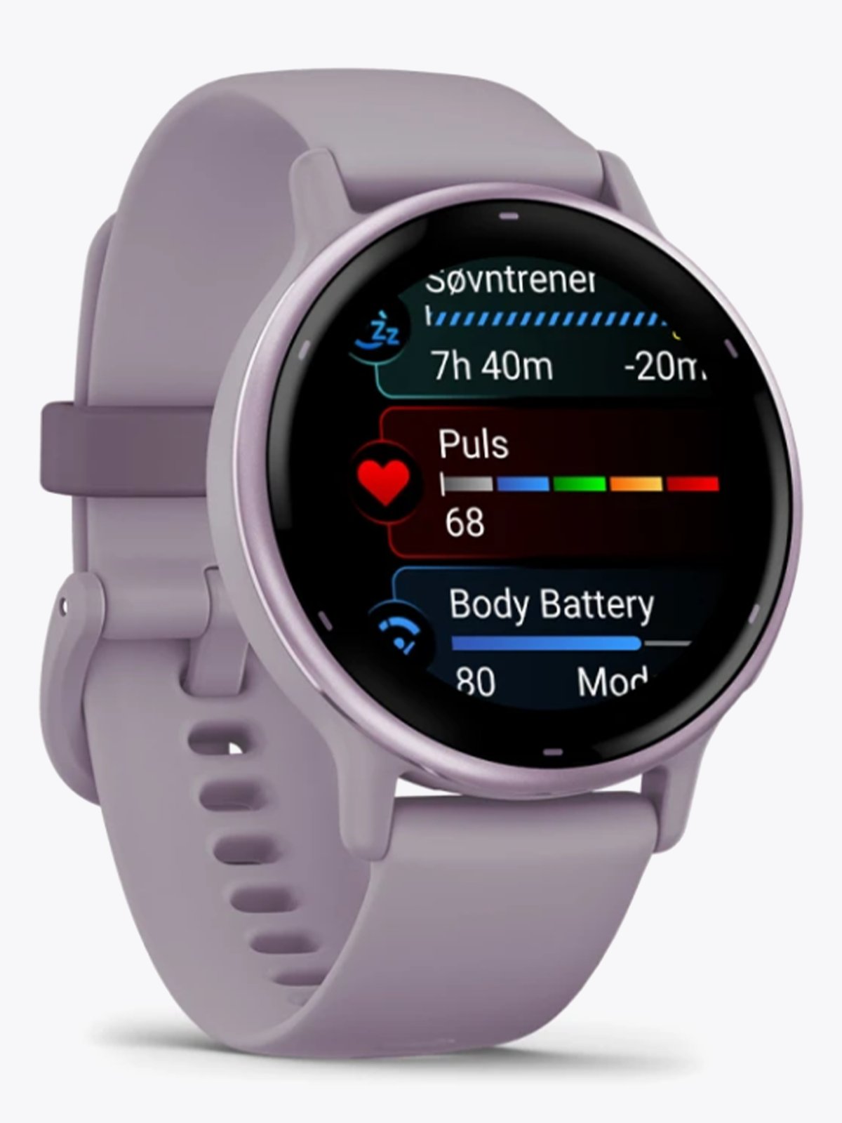 Garmin Vivoactive 5 Aluminiumsramme: Metallisk Orkidefarget / Urkasse og silikonrem: Orkidefarget