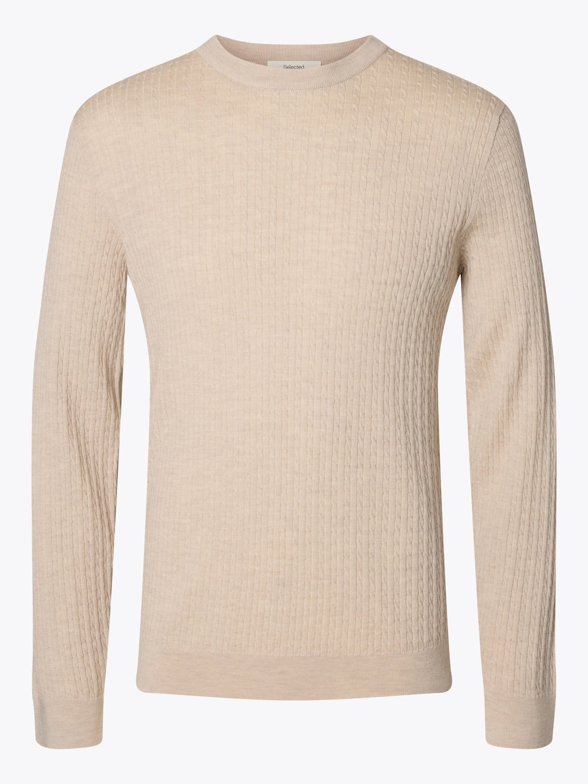 Selected Homme Tray Long Sleeve Knit Merino Cable Crew Oatmeal