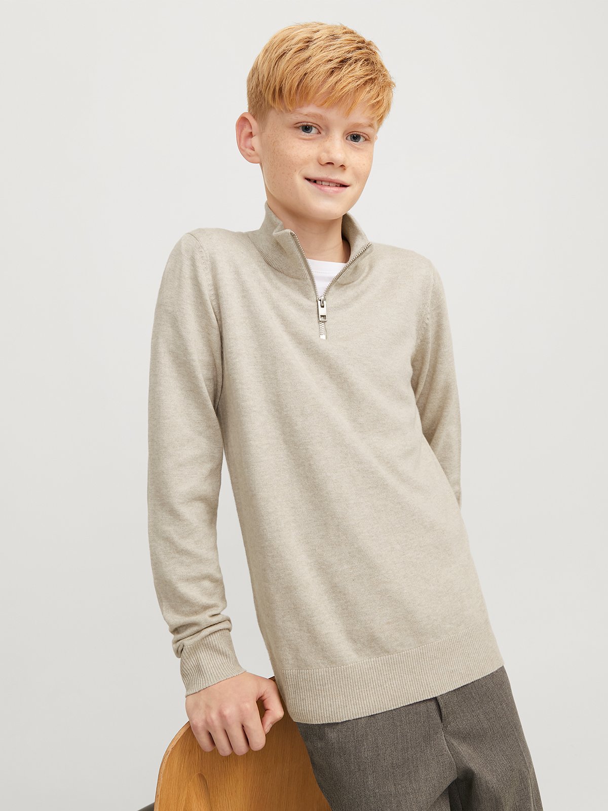 Jack and Jones Junior Junior Emil Knit Half Zip Junior Beige / Oatmel