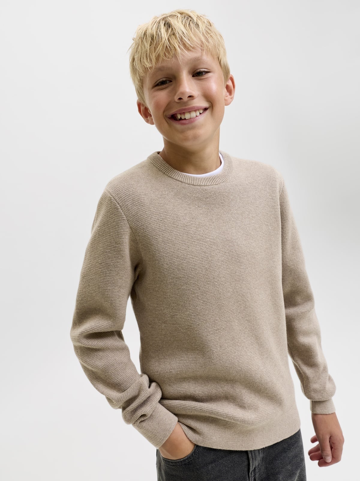 Jack and Jones Junior Milano Stitch Knit Crew Neck Greige