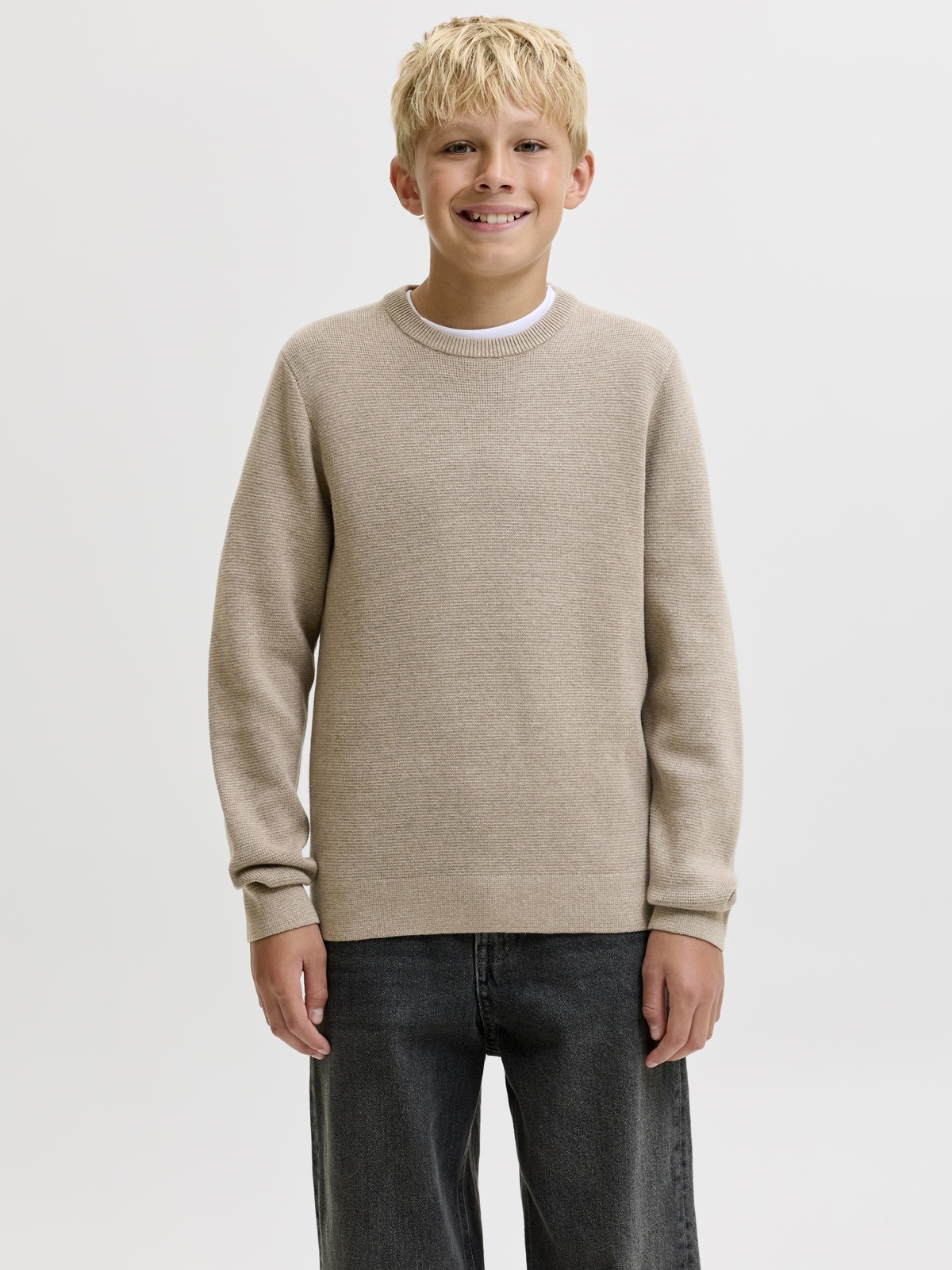 Jack and Jones Junior Milano Stitch Knit Crew Neck Greige