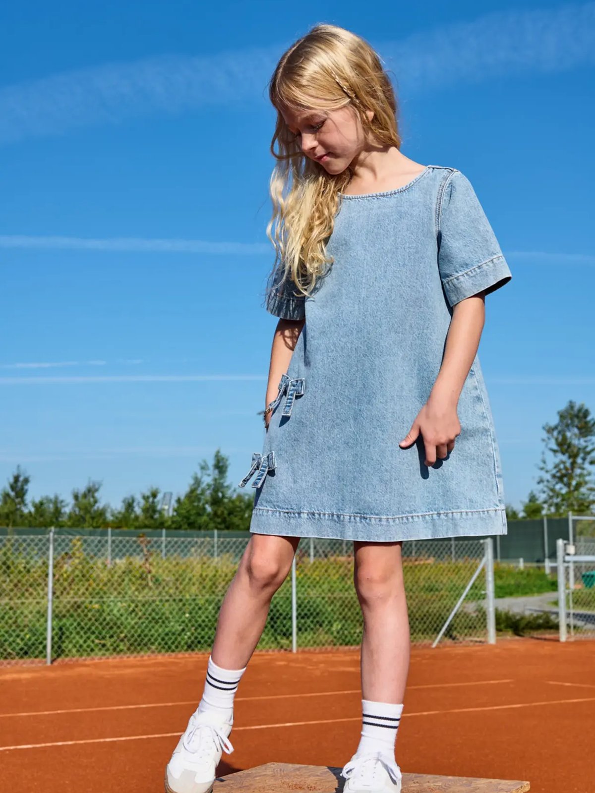 Kids Only Gigi Bow Short Sleeve A-Shape Dress Denim Light Blue Denim