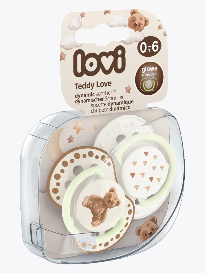 Lovi Silicone Dynamic Soother 0-6m 2pk Teddy Love Beige