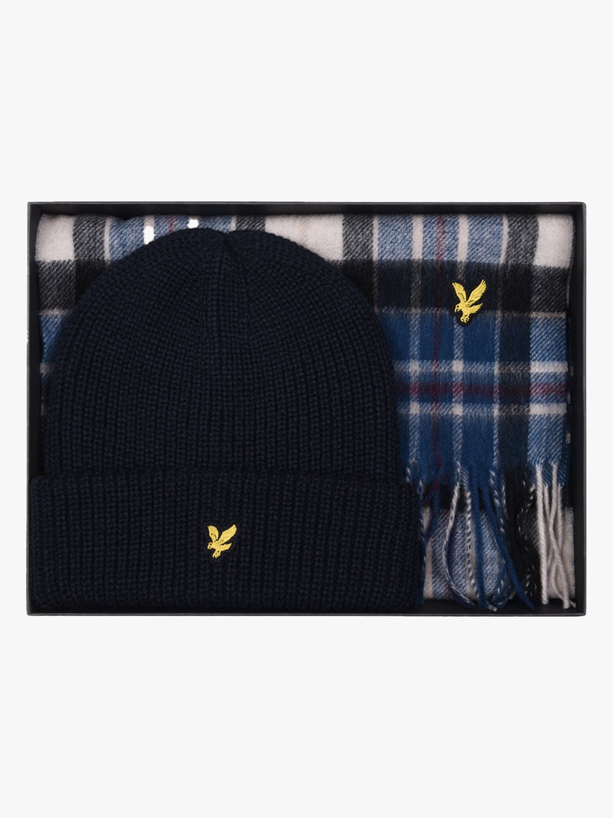 Lyle & Scott Lambswool Blend Checked Scarf and Beanie Gift Set Dark Navy