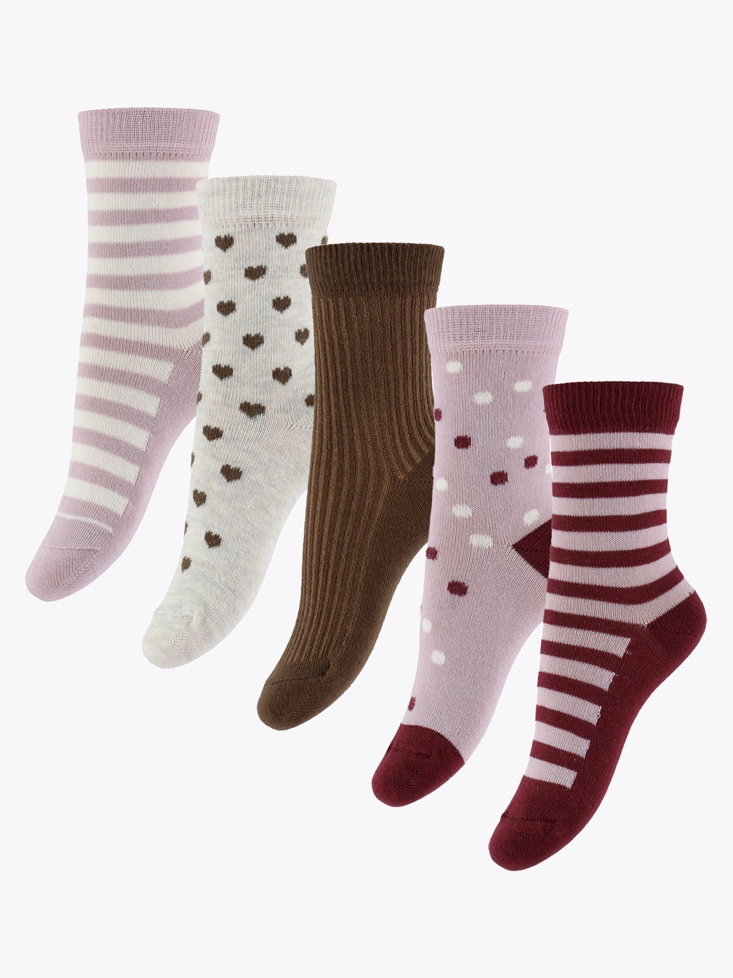 Minymo Sock W. Pattern 5-pack White / Rose / Purple / Brown