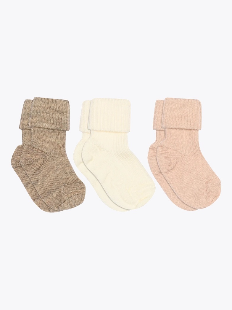MP Denmark Wool rib baby socks - 3-pack Light Brown Melange