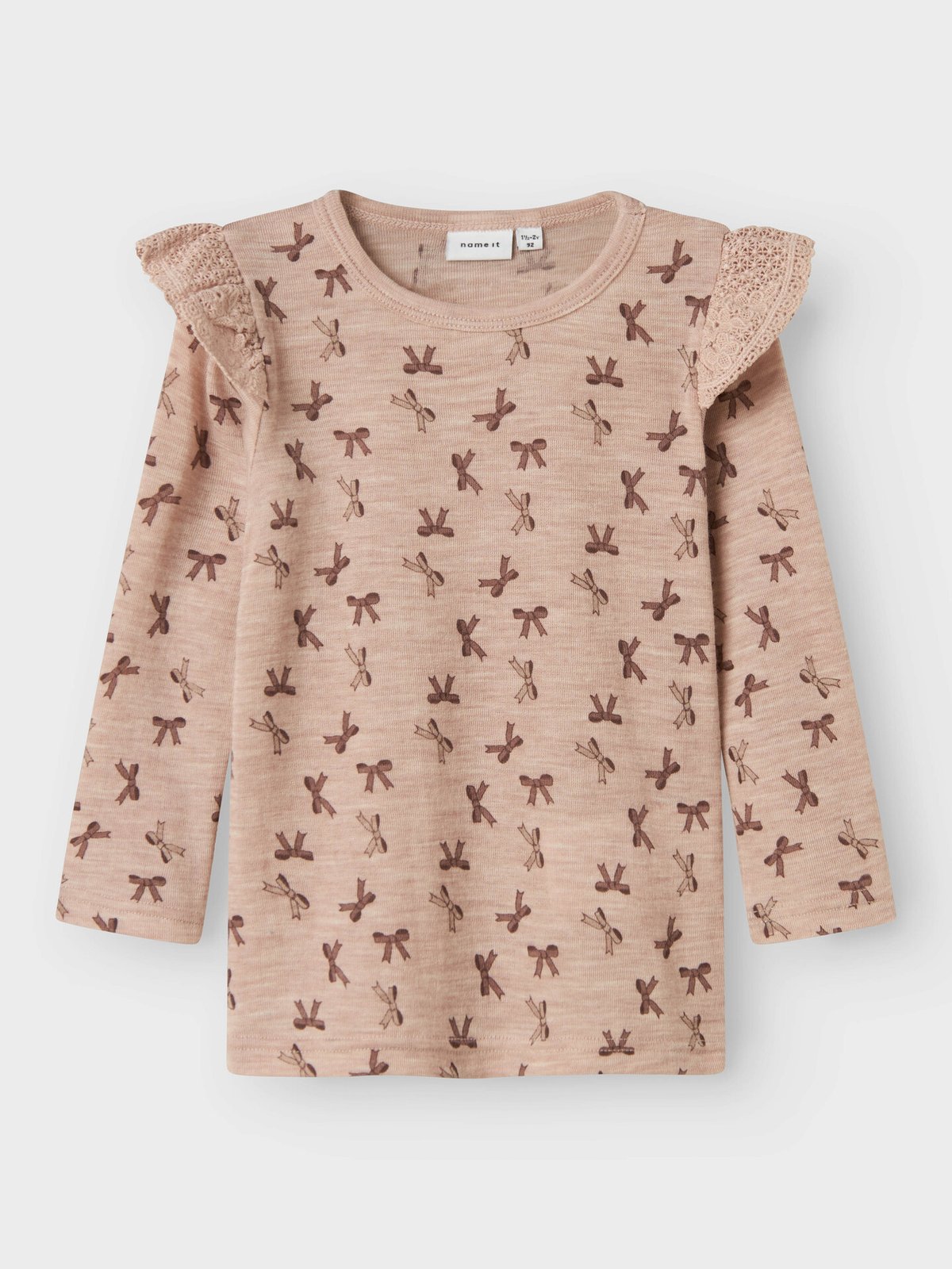 Name It Wang Wool Rib Long Sleeve Top All Over Print W/Flounce Shadow Gray