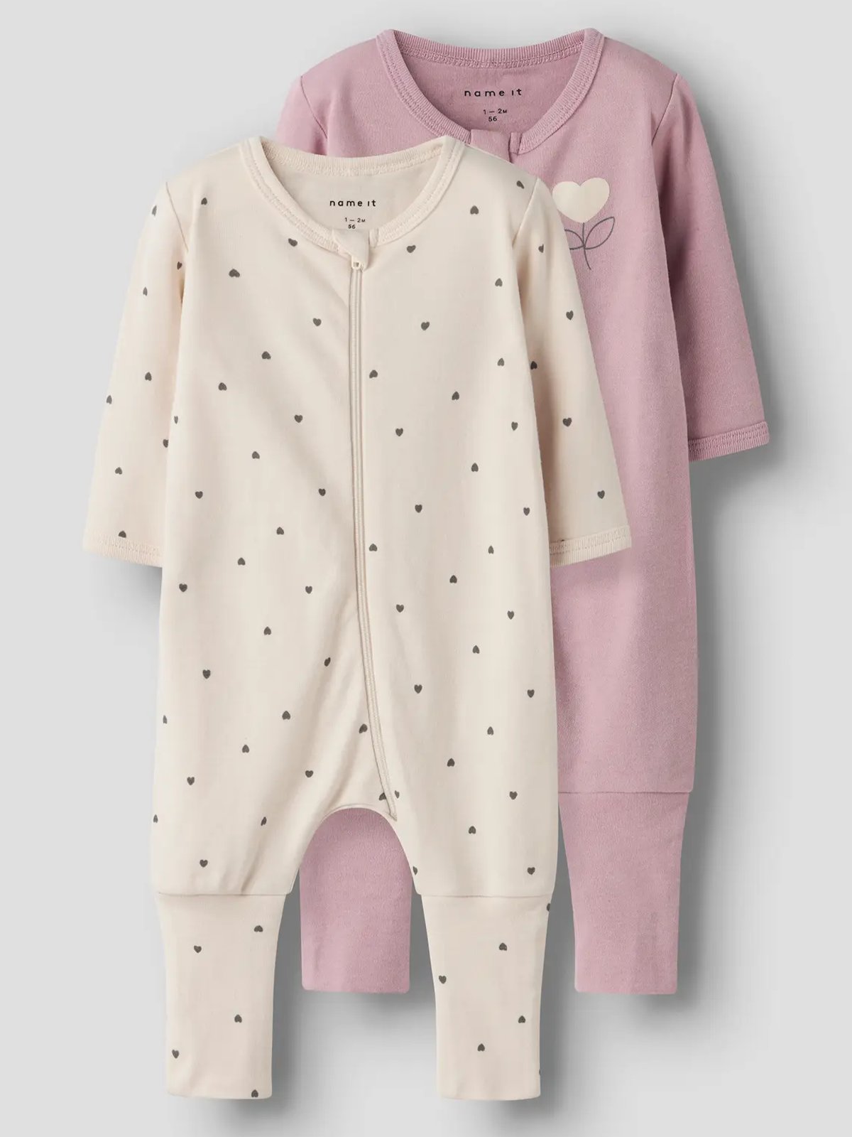 Name It Nightsuit 2-Pack Zip Heart Summer Sand w/ Deauville Mauve