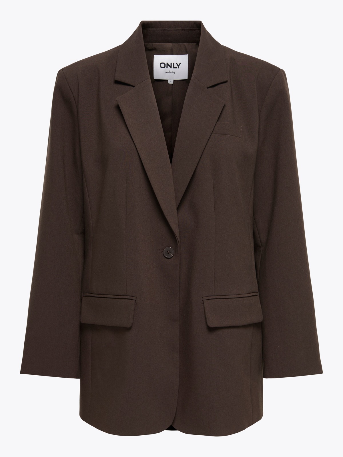 Only Linda Raven Long Sleeve BF Blazer ONLY oversized blazer i sjokoladebrunt med enkelt slag, klaffelommer og markert skulderparti. Tidløs modell – kommer raskt hjem til deg fra Get Inspired.