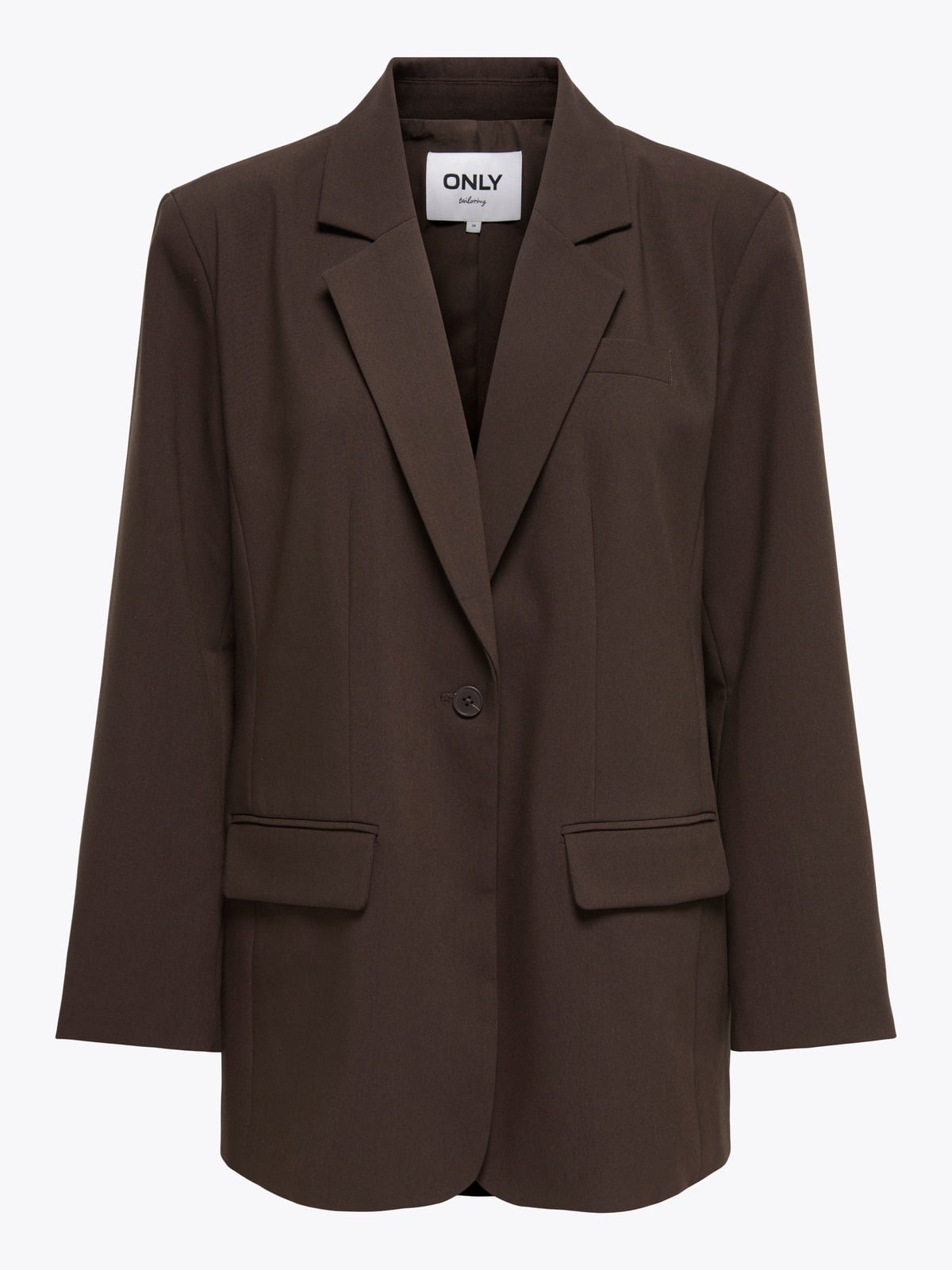 Only Linda Raven Long Sleeve BF Blazer ONLY oversized blazer i sjokoladebrunt med enkelt slag, klaffelommer og markert skulderparti. Tidløs modell – kommer raskt hjem til deg fra Get Inspired.