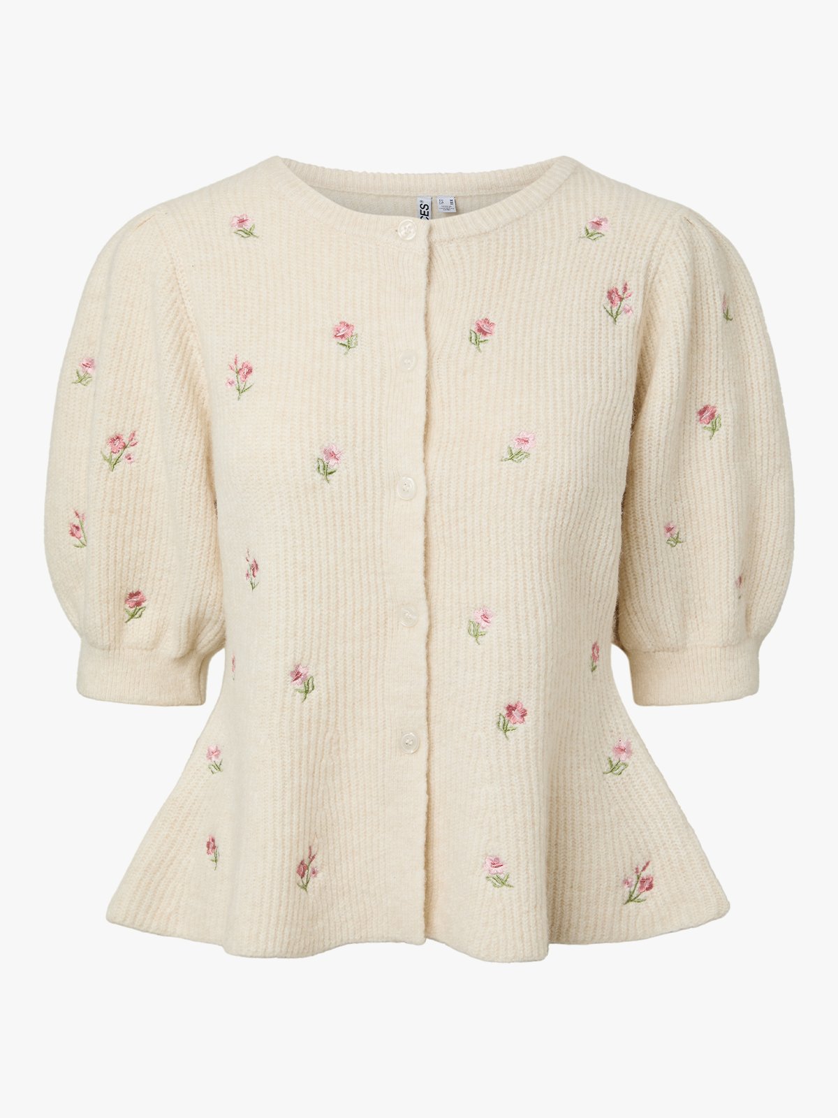 Pieces Silly Short Sleeve Puff Embroidered Knit Cardigan Birch
