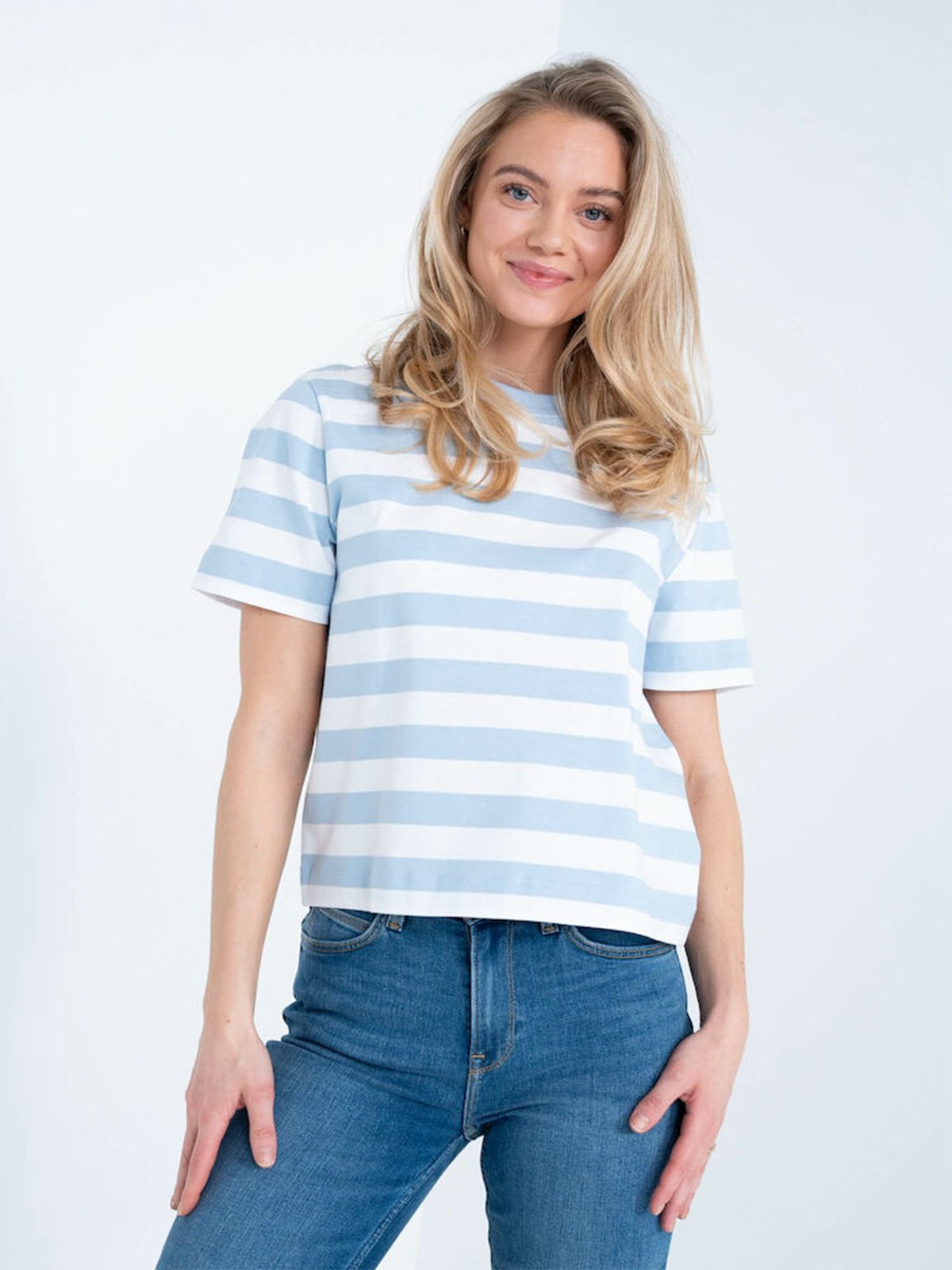 Selected Femme Essential Short Sleeve Striped Boxy Tee Cashmere Blue BRIGHT WHITE - WIDE